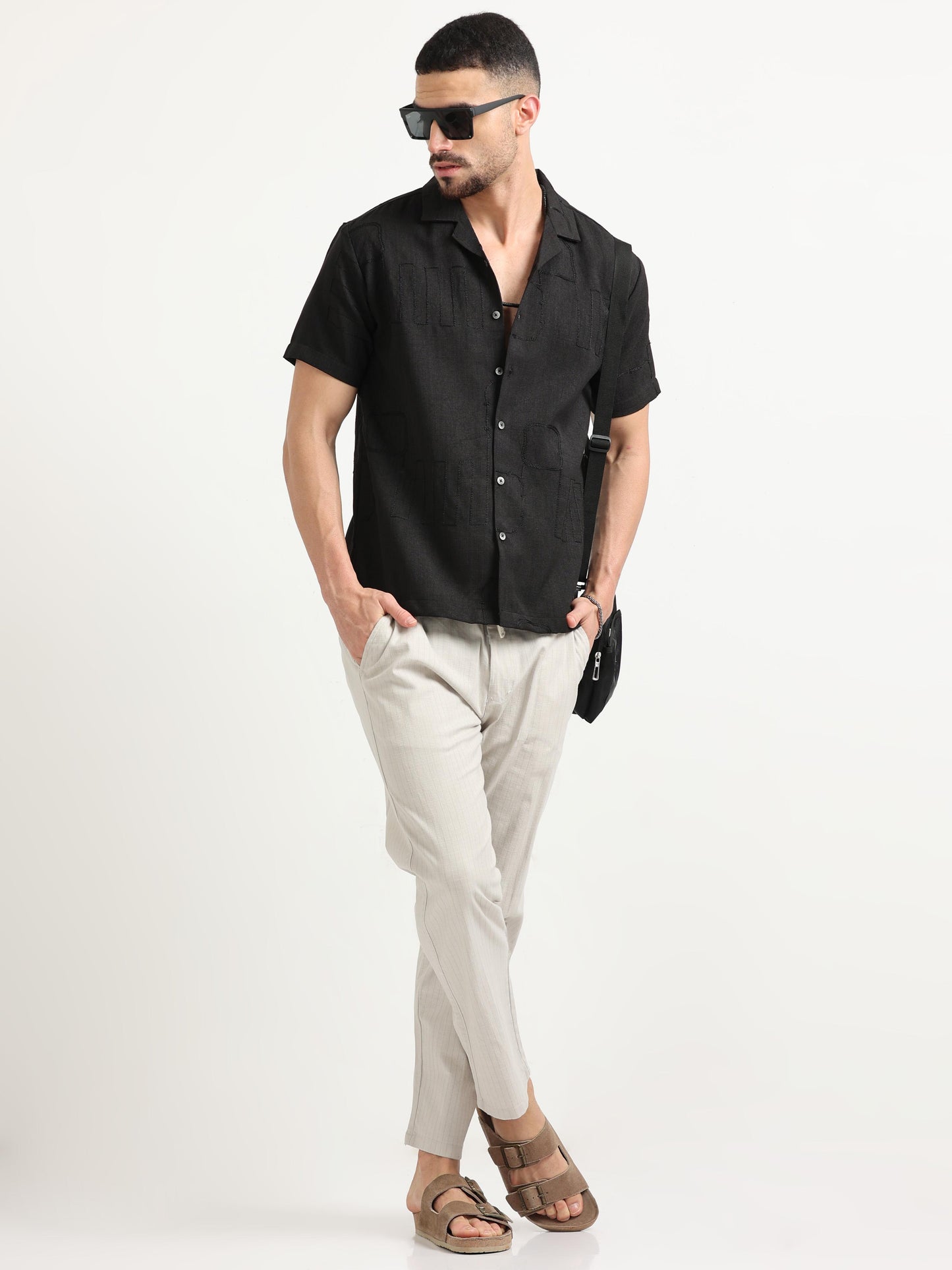 Casual Embroidered Solid Black Shirt for Men