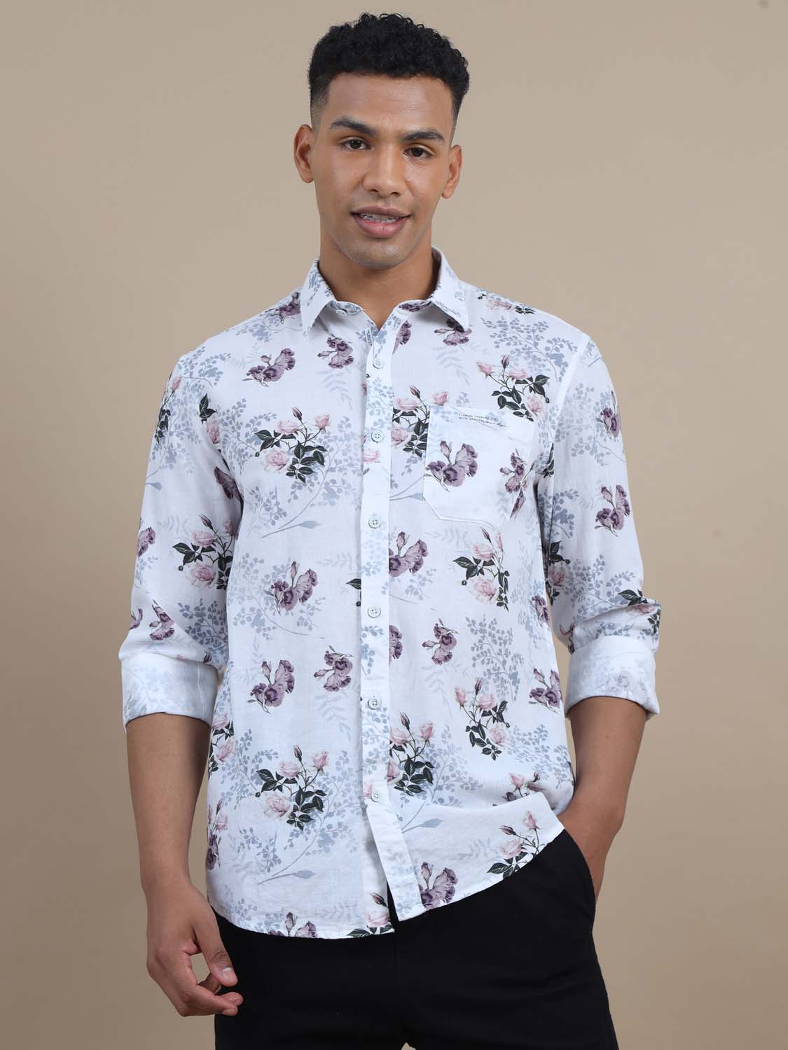 Buy Mandarin Sun White Floral Printed Shirt Design Online