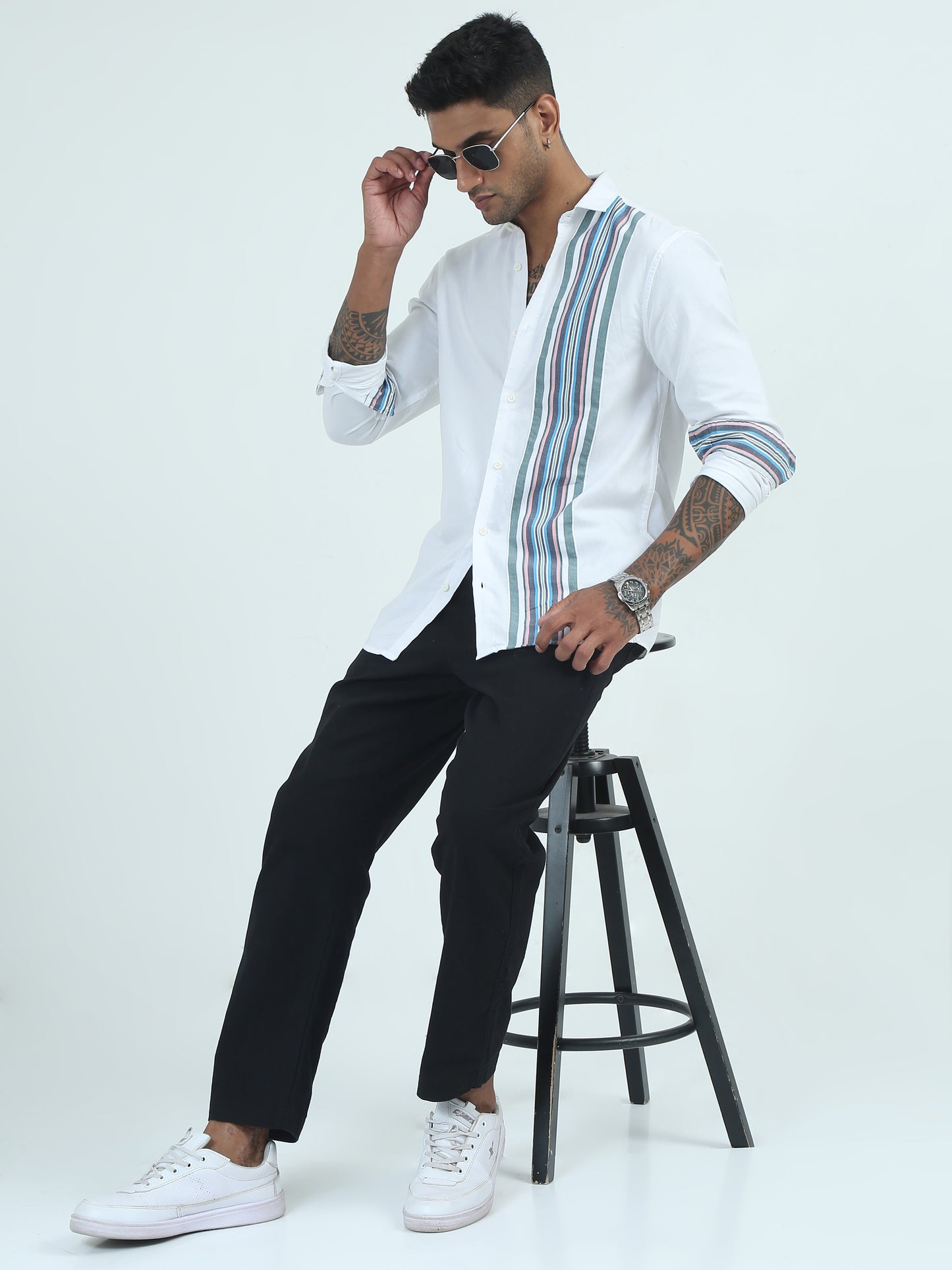 Casual Cotton Slub Printed White Stripe Shirt for Men