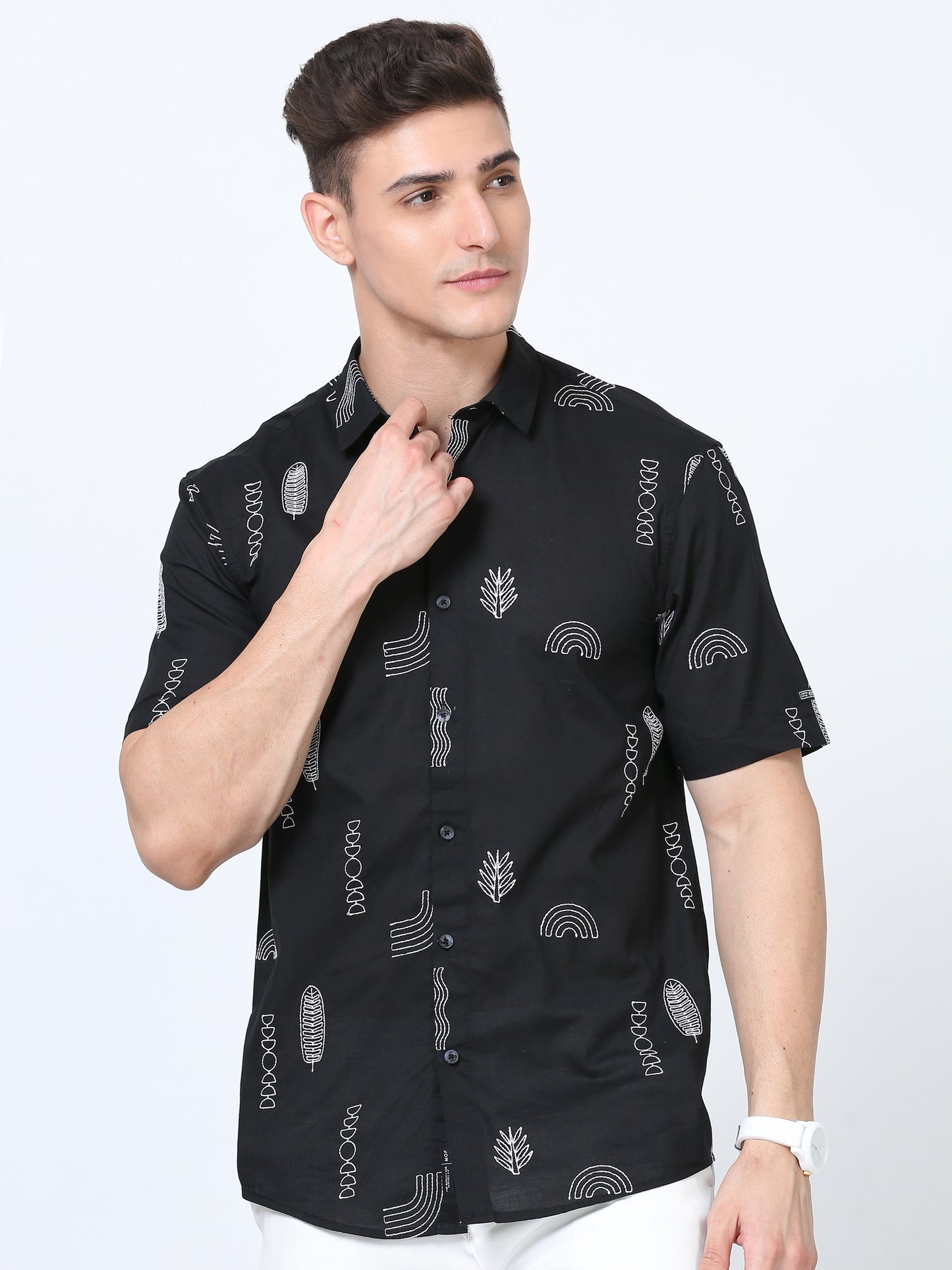 Self embroidered cotton poplin shirt