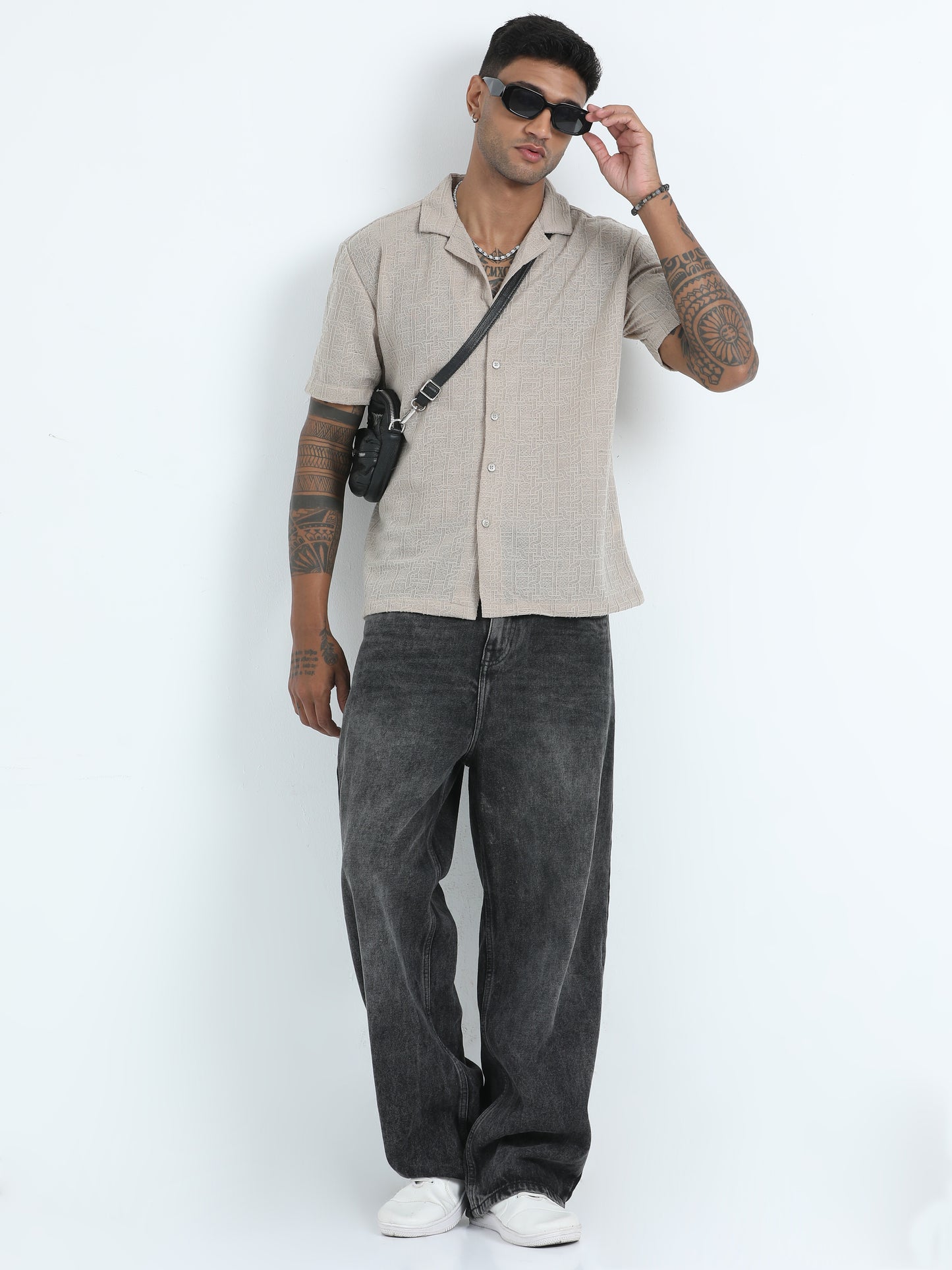 Poly Jaccqard Khaki Casual Half Sleeve Shirts For Men