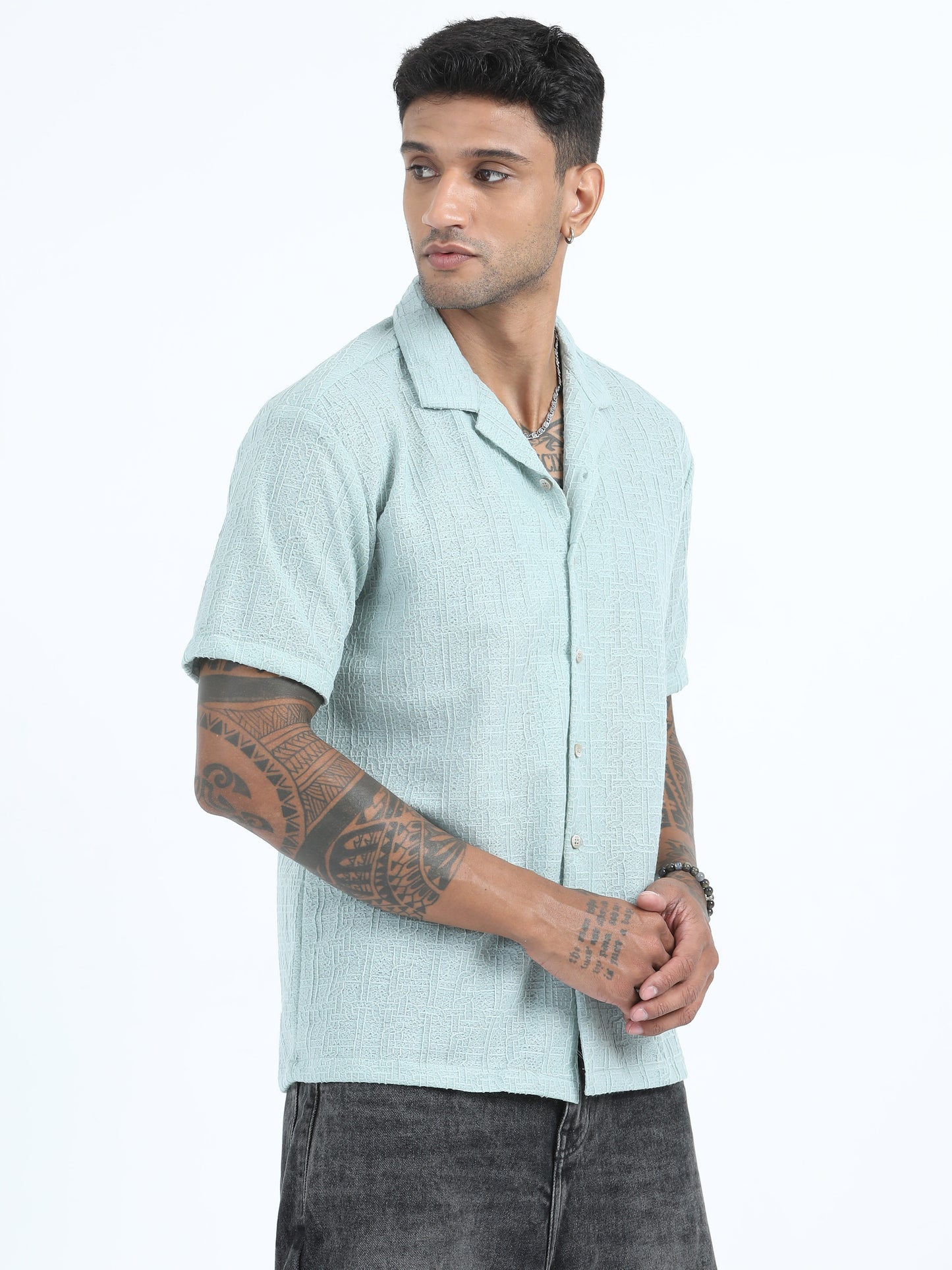 Poly Jaccqard Mint Half Sleeve Shirts For Men