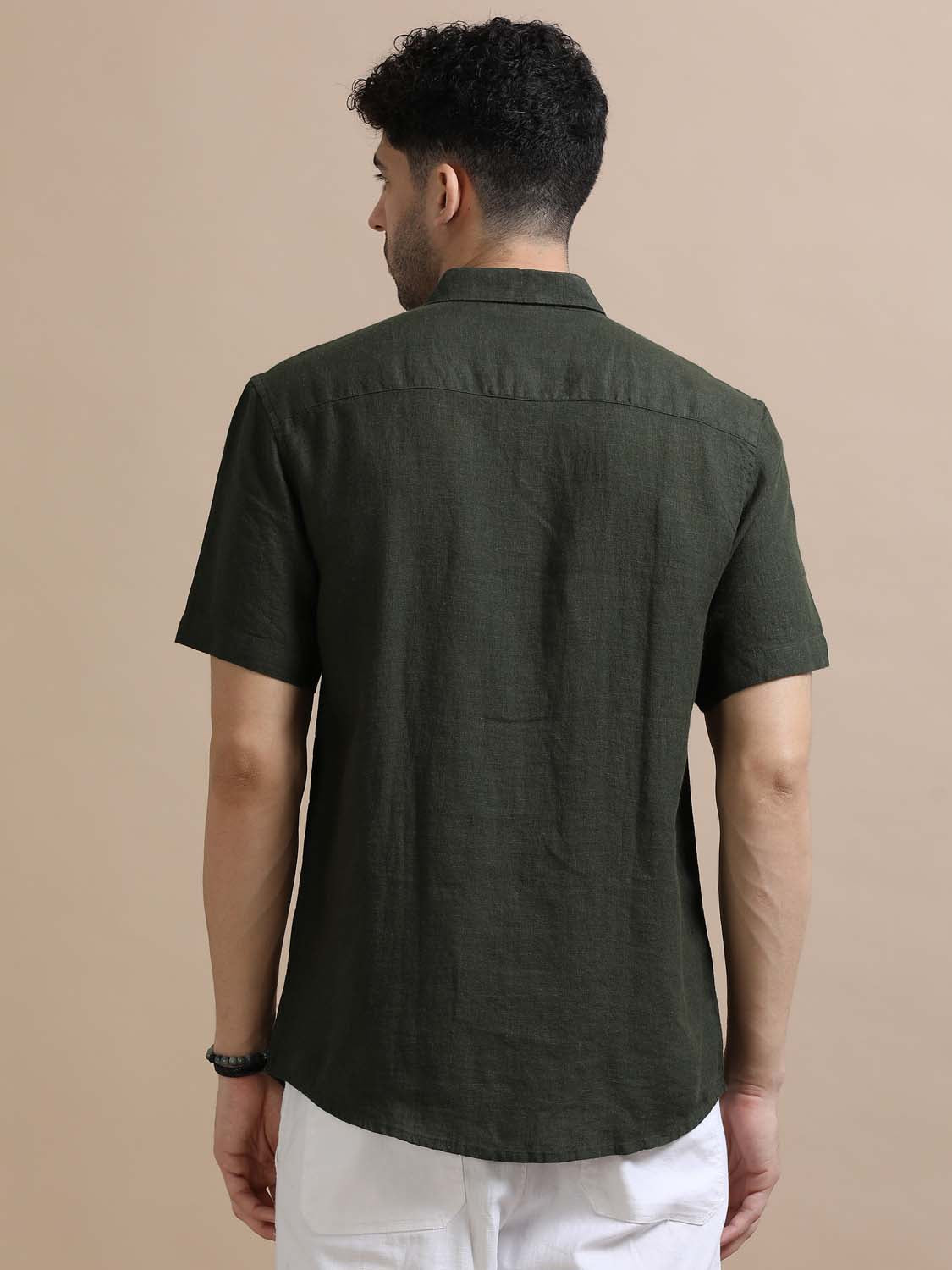 Feather Olive Green Linen Shirt For Men