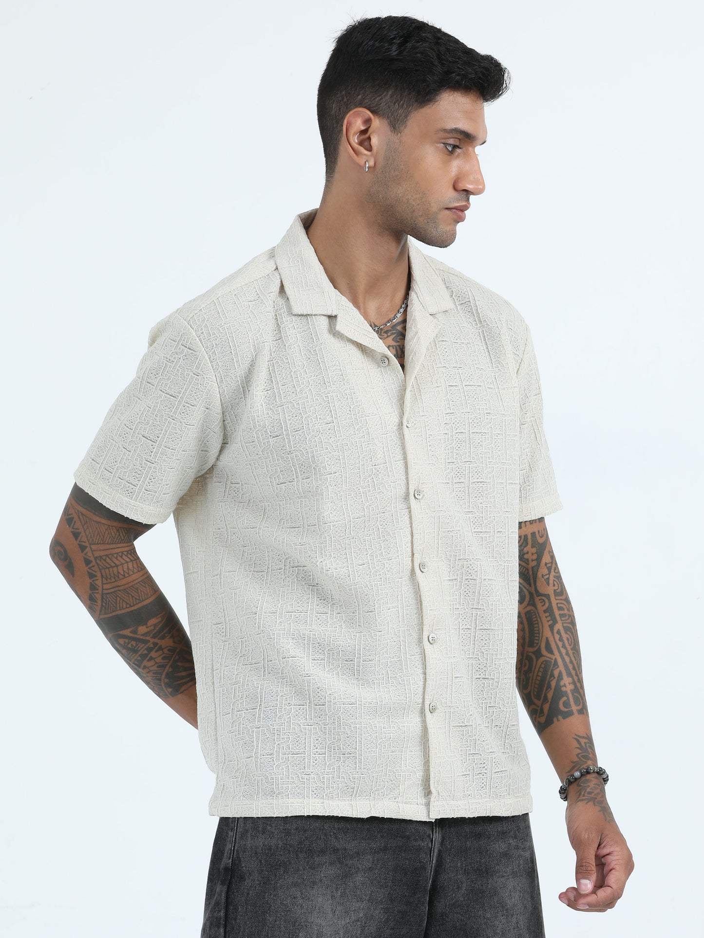 Poly Jaccqard Cream Half Sleeve Shirts Mens
