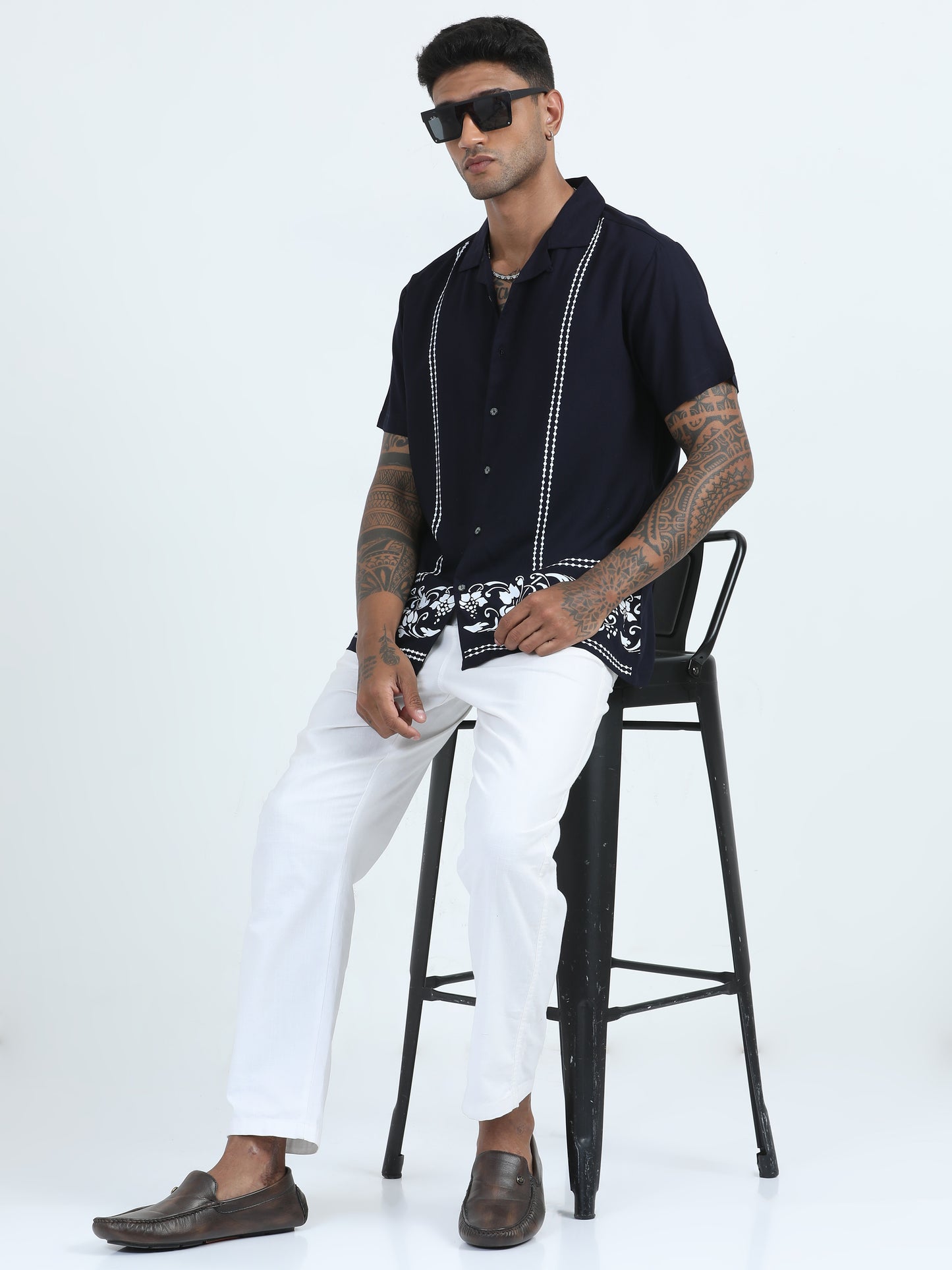 Cotton Viscose Navy Blue Printed Shirt For men