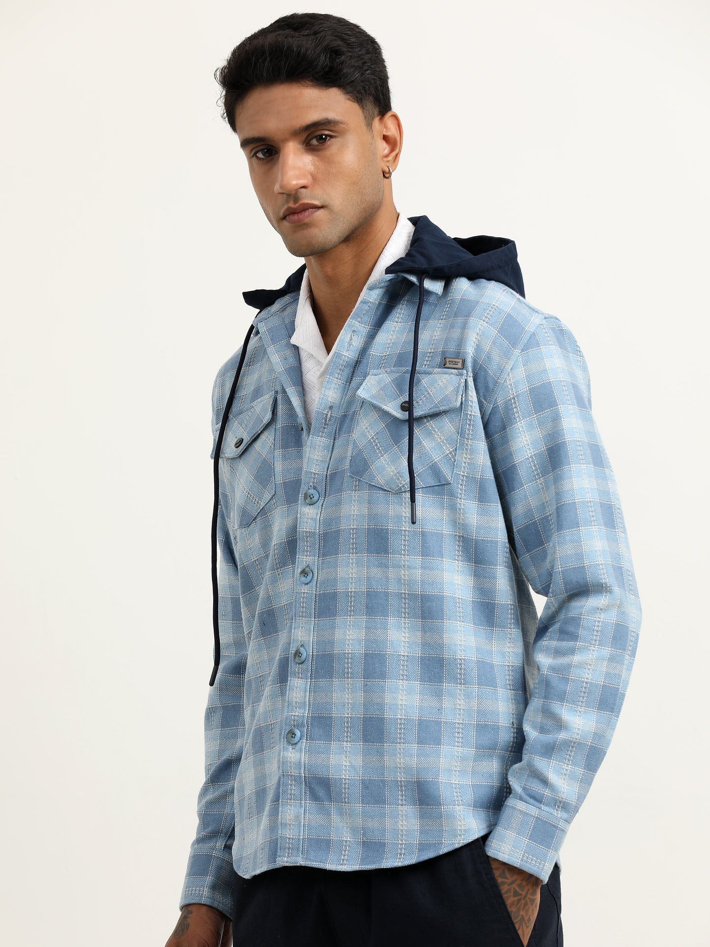 Herringbon Hooded Checks Blue Shacket For Men
