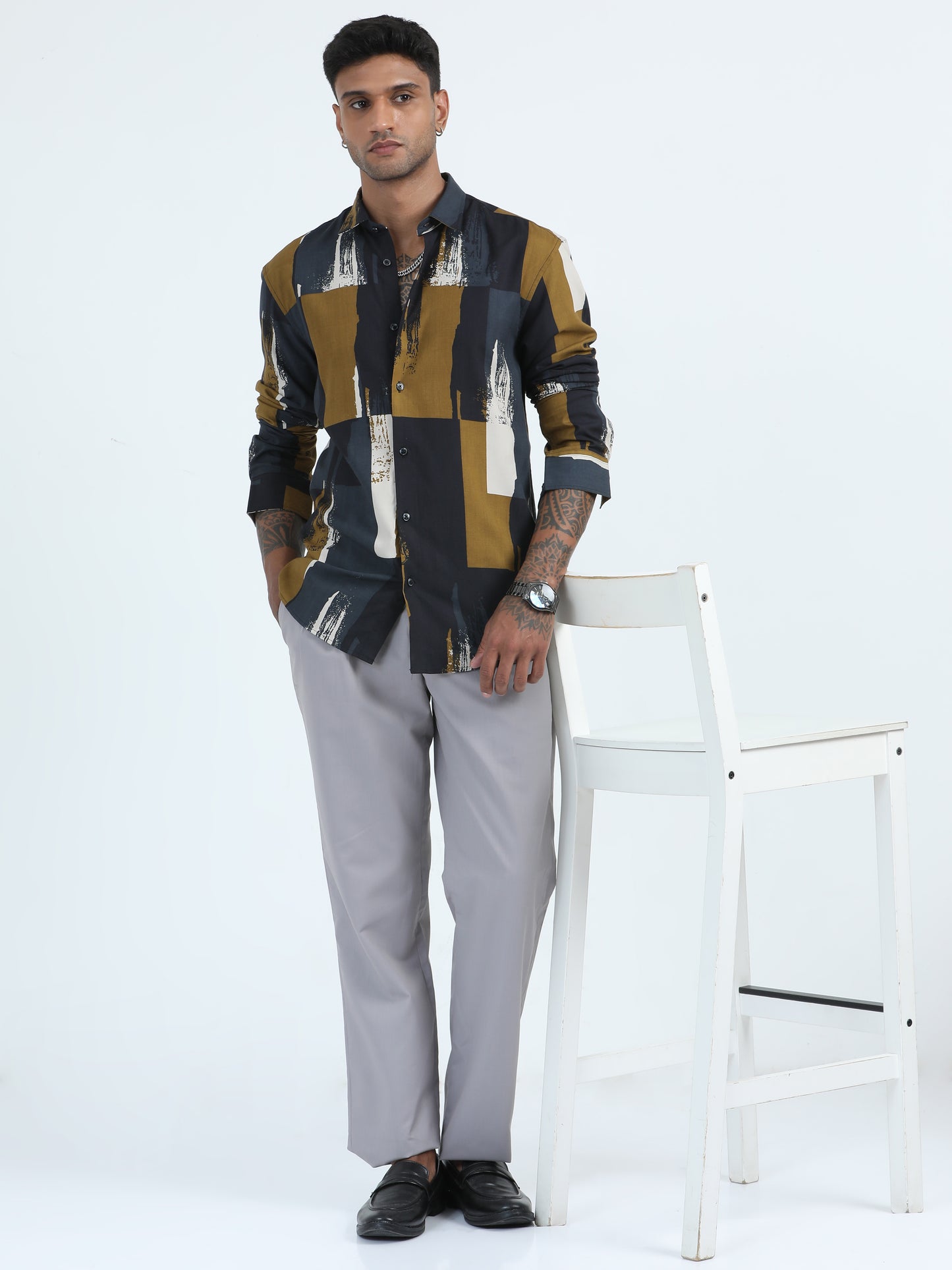 Viscose Mustard Print Shirt Mens