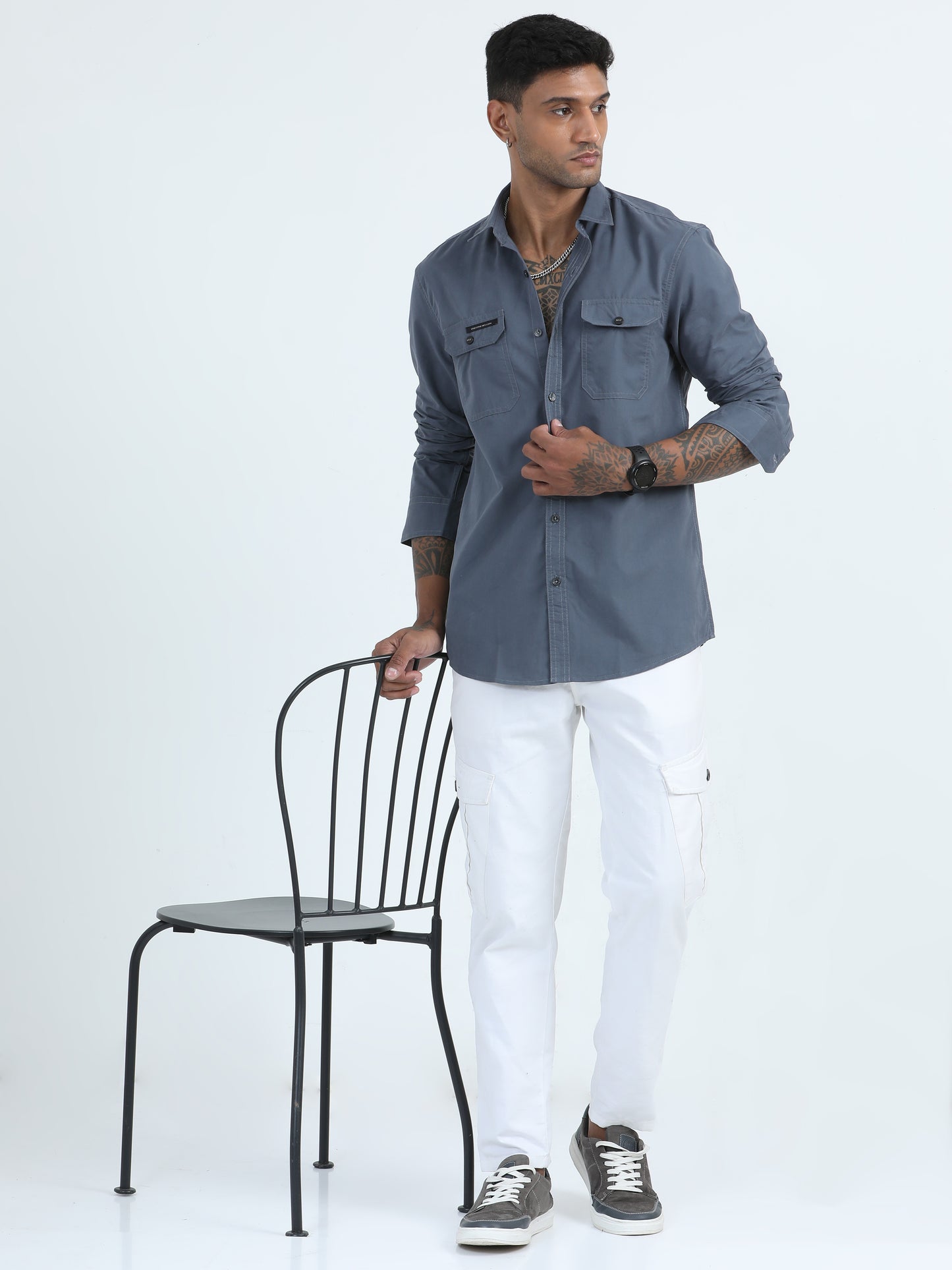 Twill Peach Double Pocket Grey Shirt For Men