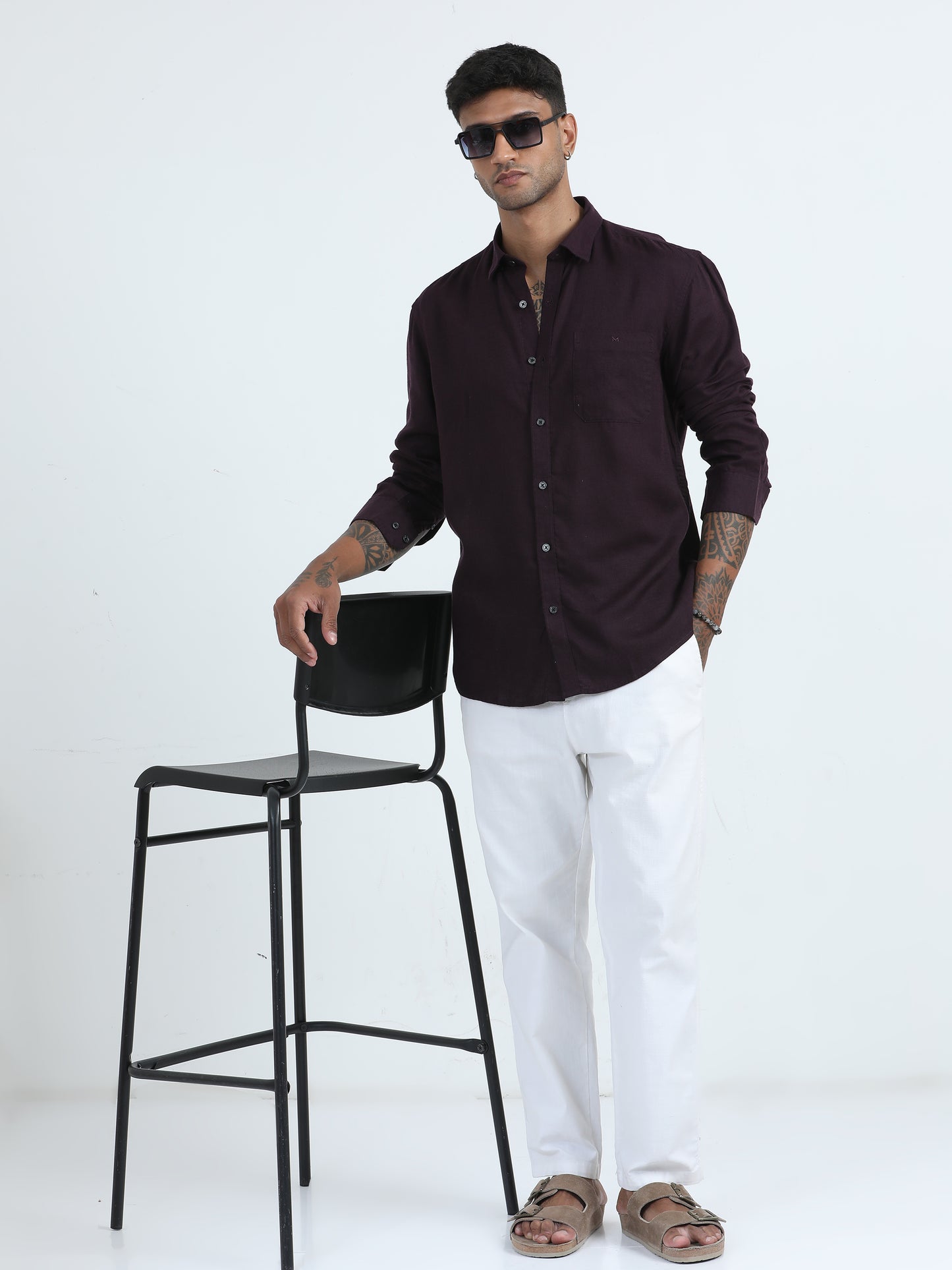 Cotton Linen Wine Colour Shirt For Men