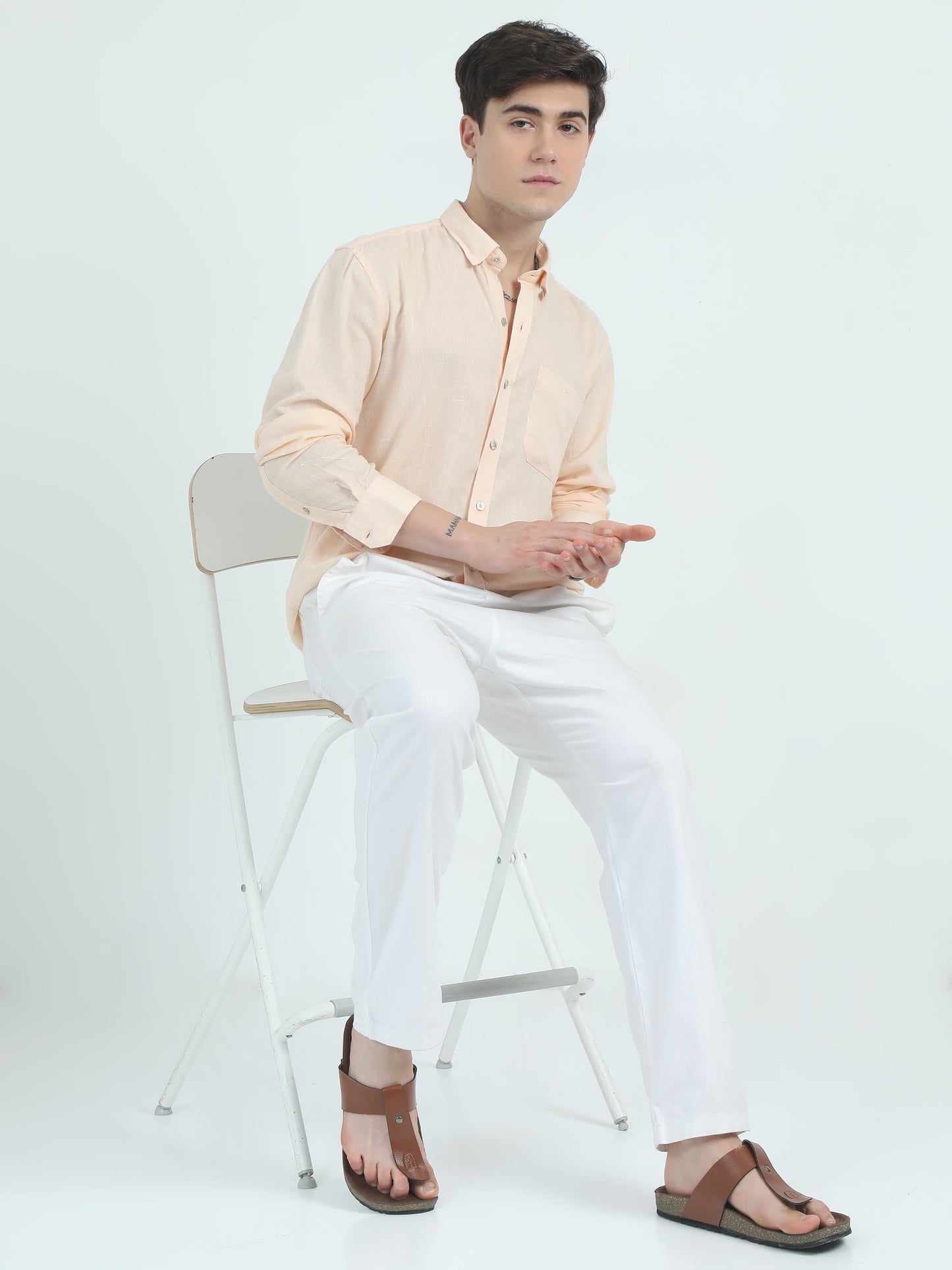 Linen Light Peach Cotton Shirt For Men