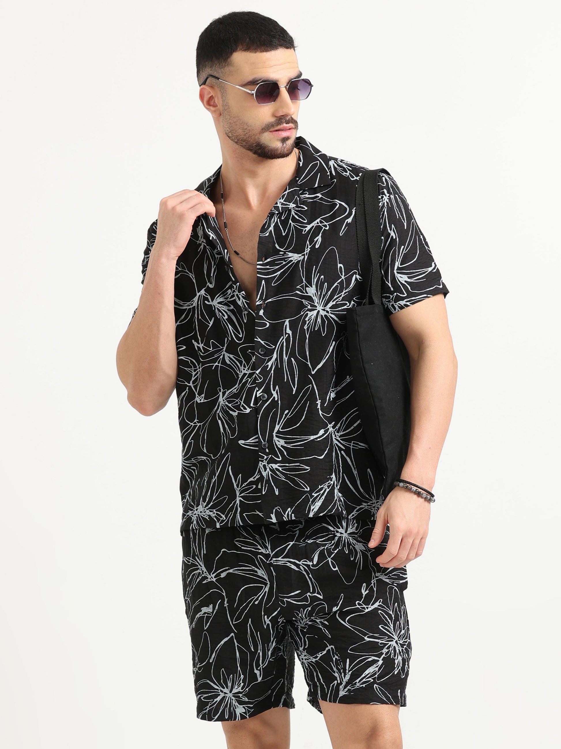 Black Nylon Abstract Print Viscose Co Ord Set for Men