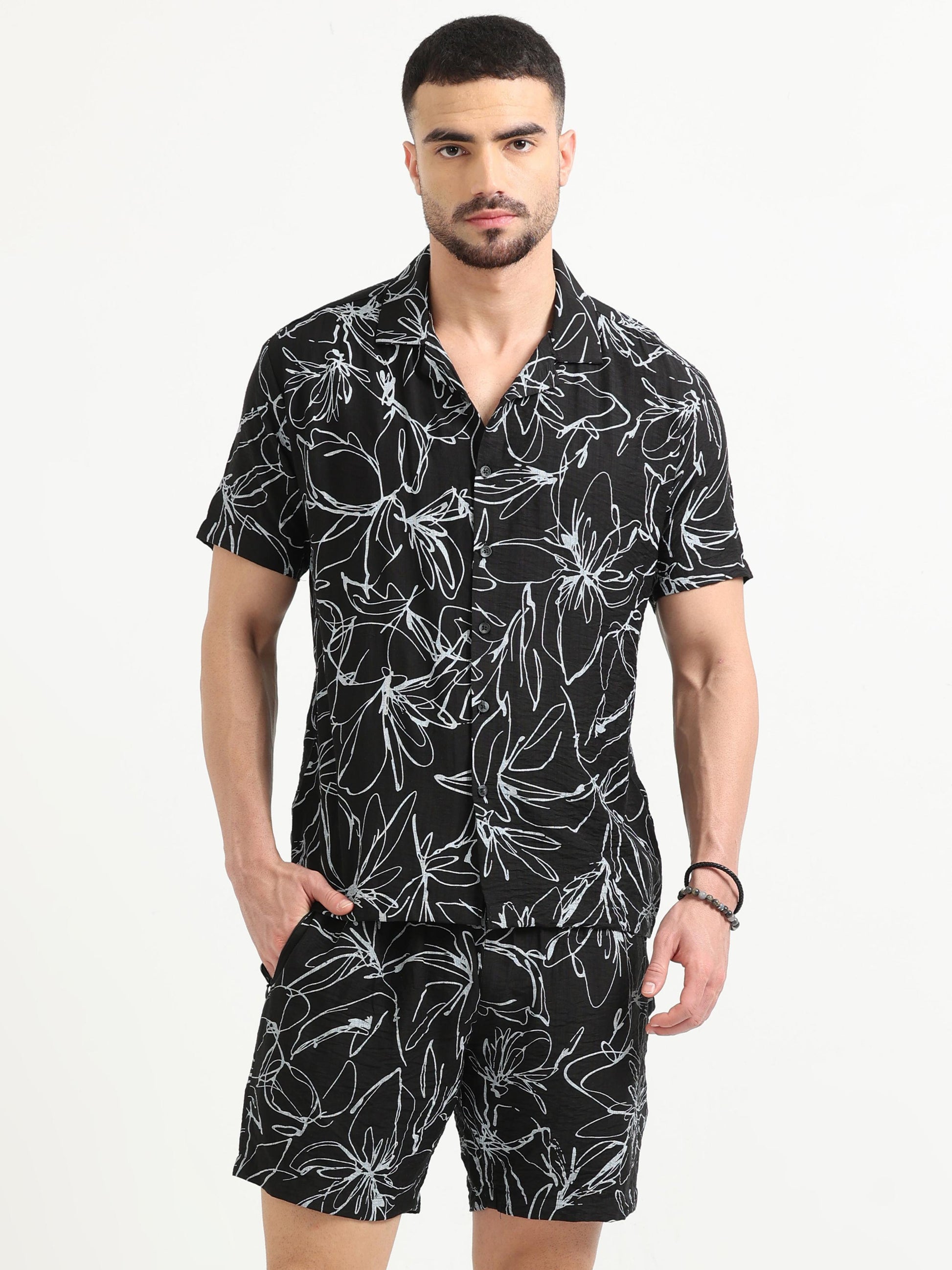 Black Nylon Abstract Print Viscose Co Ord Set for Men