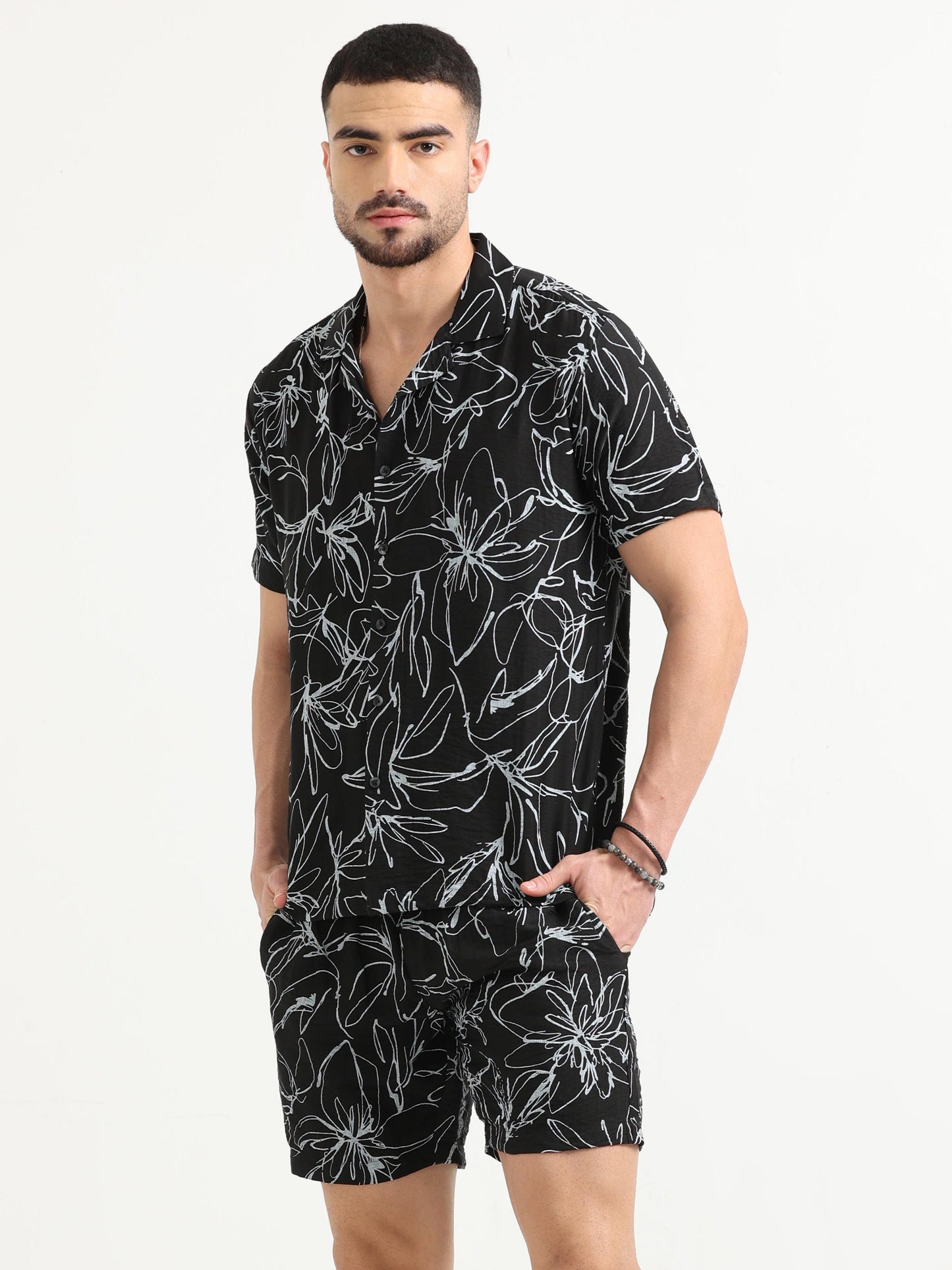 Black Nylon Abstract Print Viscose Co Ord Set for Men