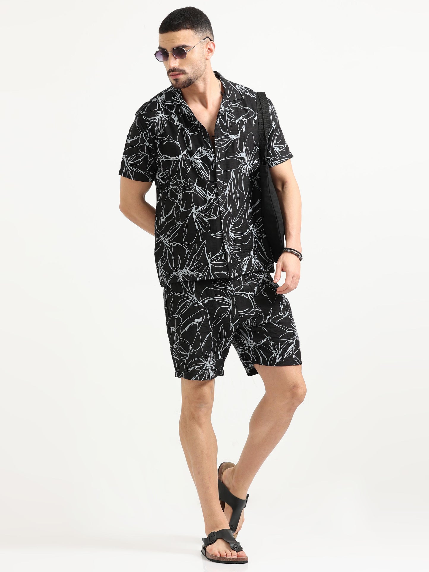 Black Nylon Abstract Print Viscose Co Ord Set for Men