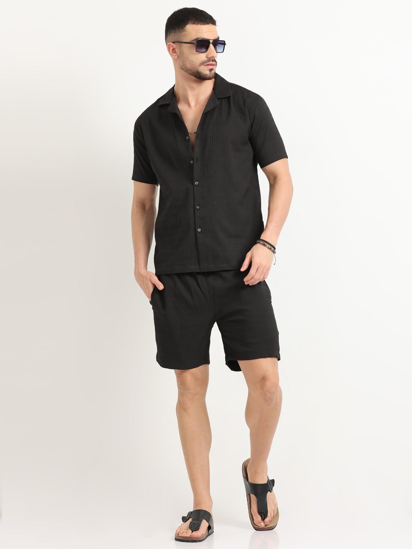 Black Jacquard Ocean Waves Mens Short Sets