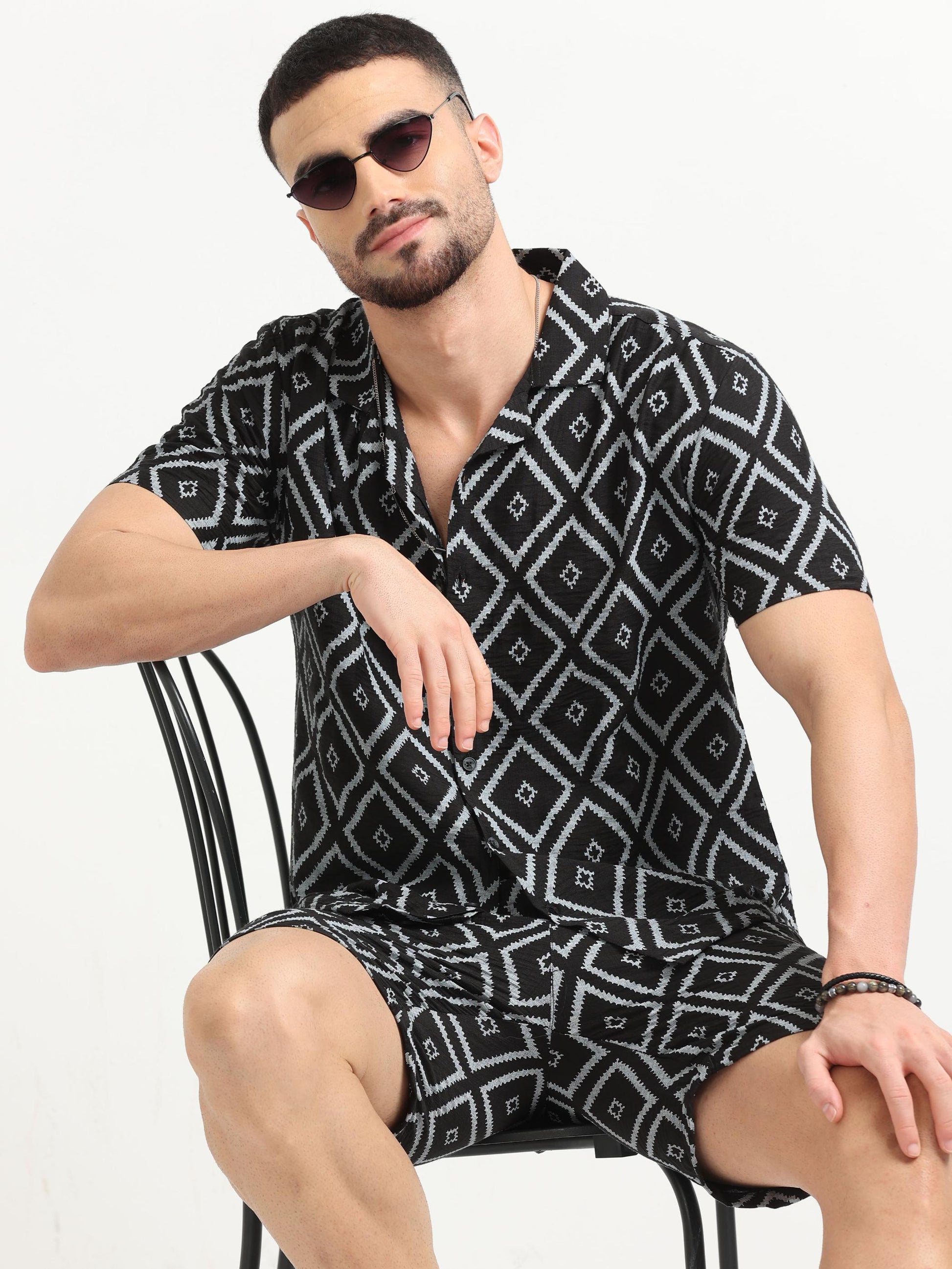 Black Nylon Diamond Printed Co Ord Set for men 