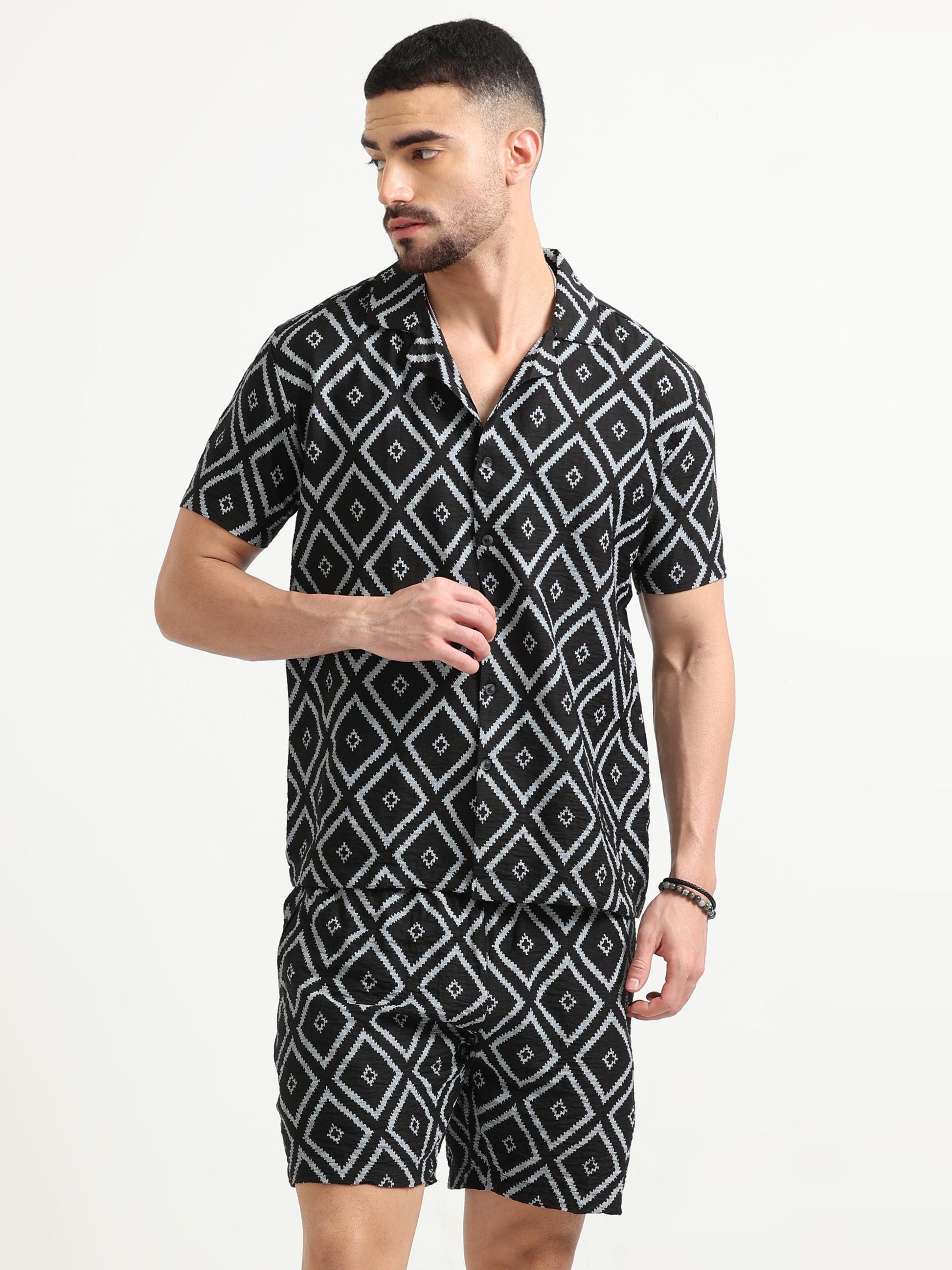 Black Nylon Diamond Printed Co Ord Set for men 