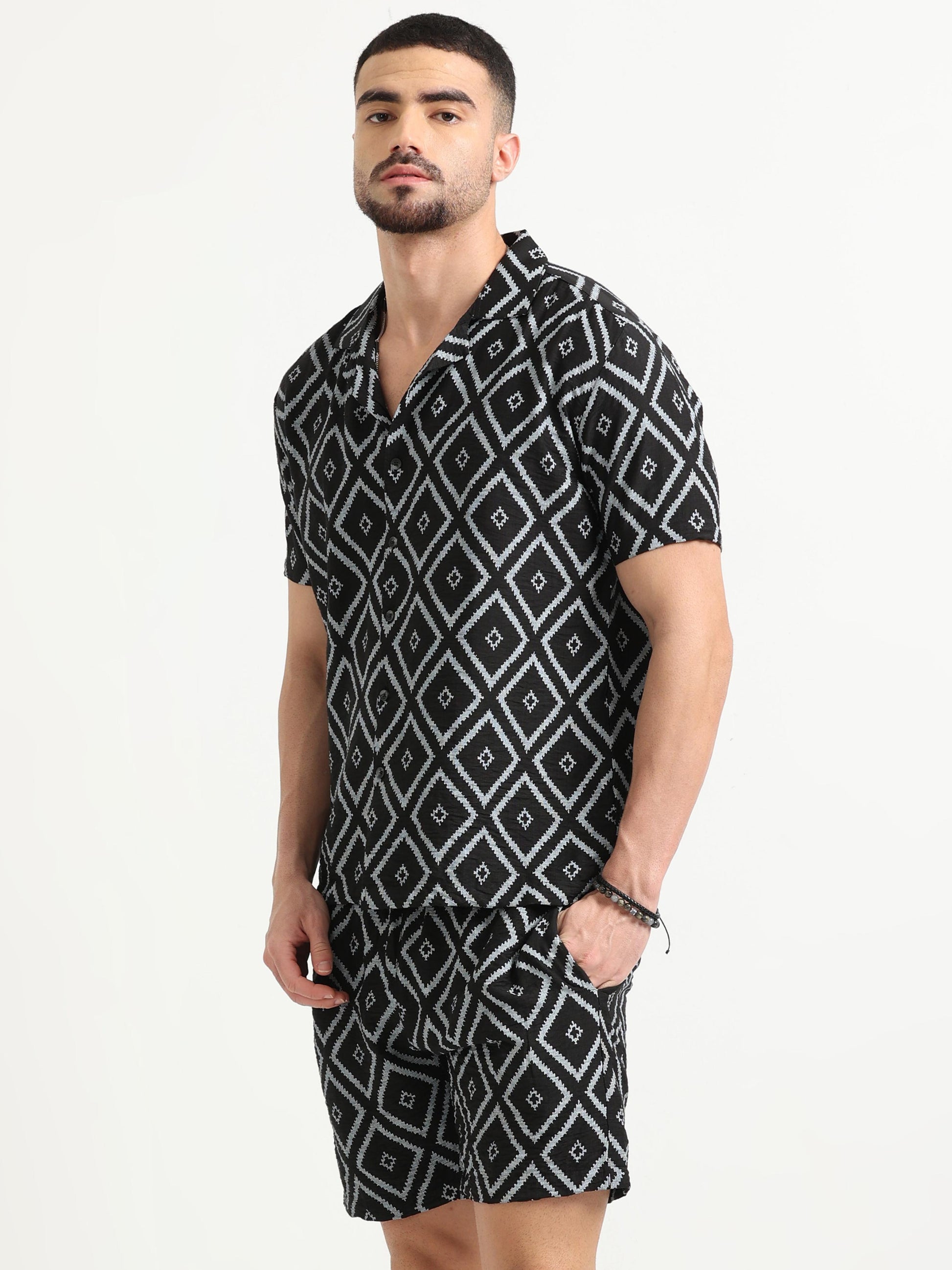 Black Nylon Diamond Printed Co Ord Set for men 