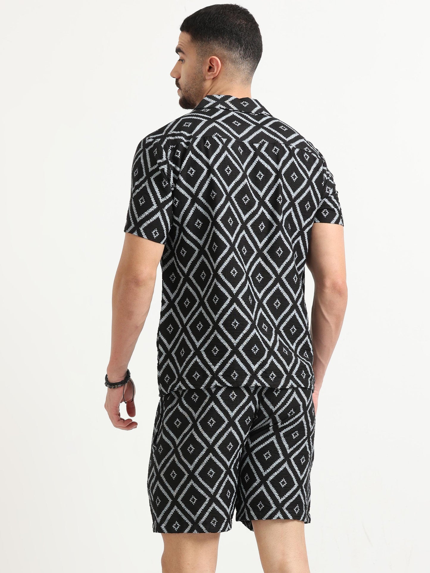 Black Nylon Diamond Printed Co Ord Set for men 