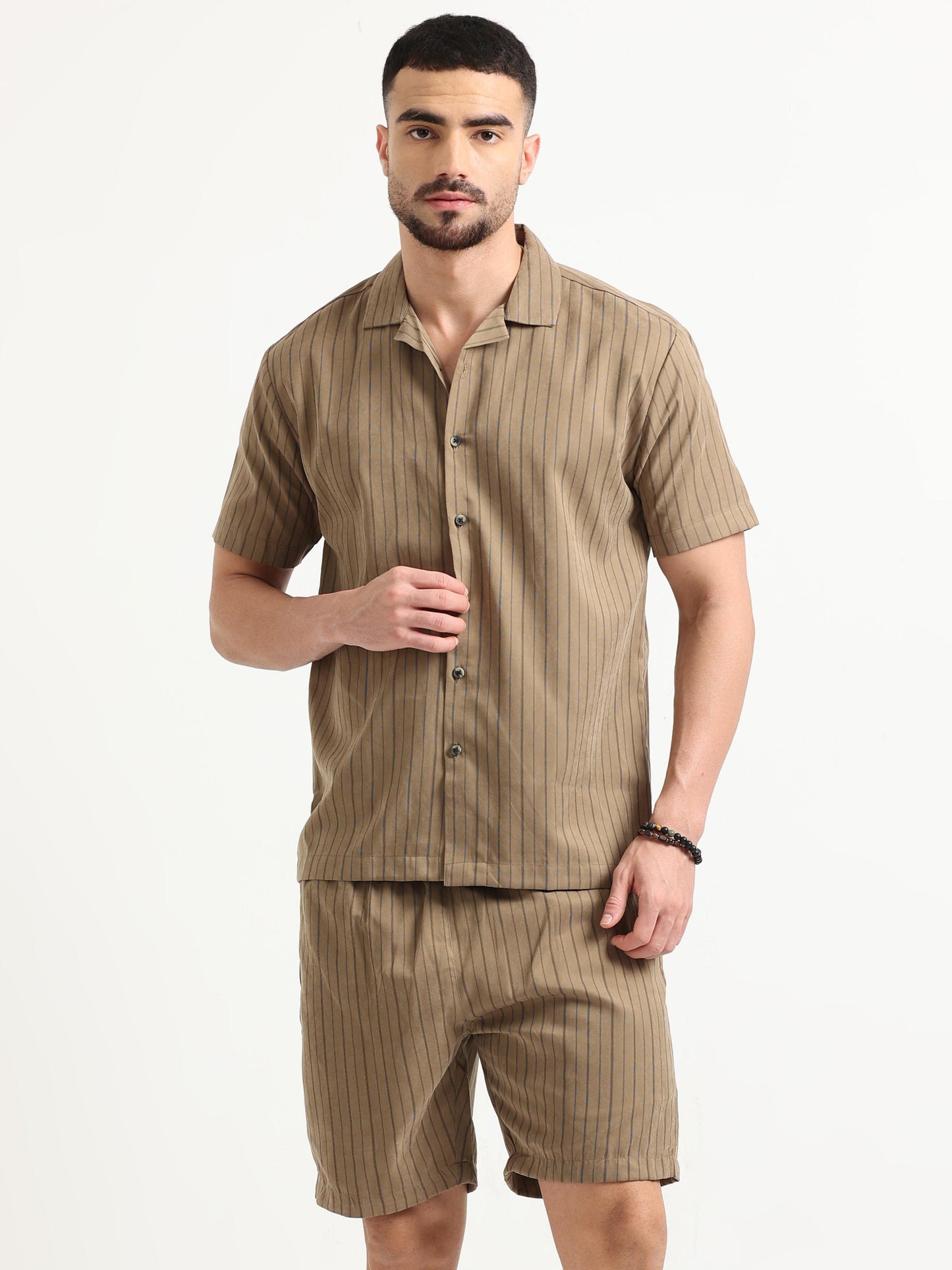 Khaki Coastal Lines Men’s Co-Ord Shorts Set 