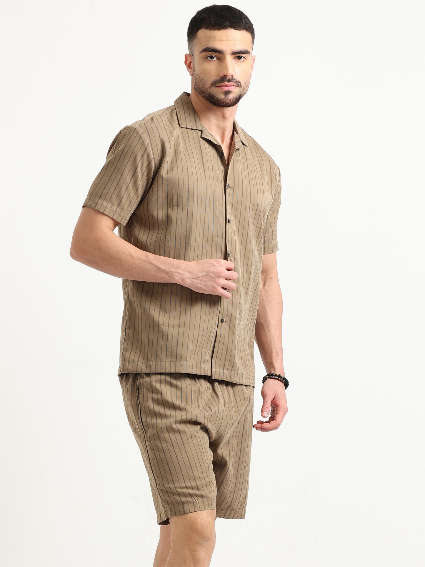 Khaki Coastal Lines Men’s Co-Ord Shorts Set 