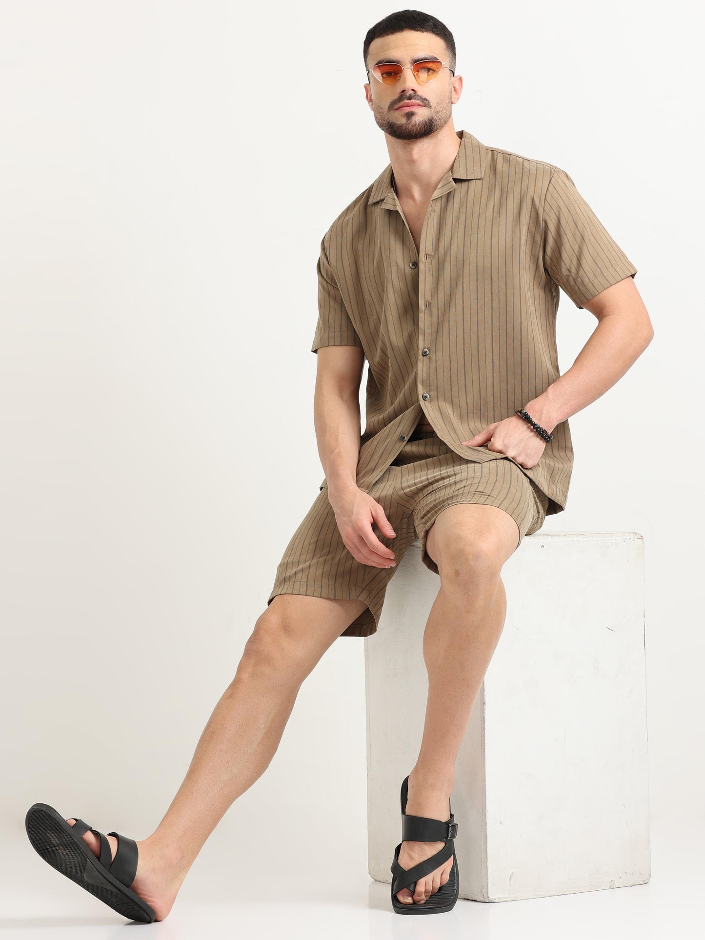 Khaki Coastal Lines Men’s Co-Ord Shorts Set 