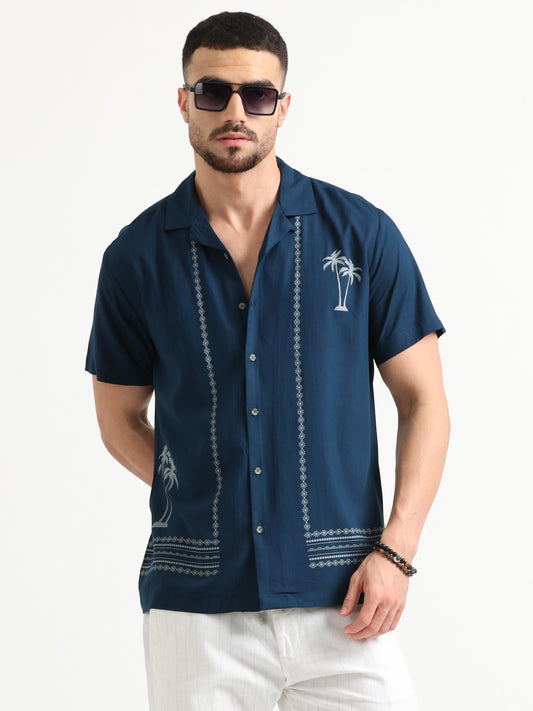 Cotton Viscose Tropical Blue Printed Shirt for Men