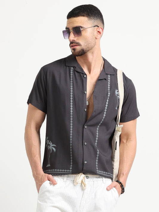 Cotton Island Palms Dark Grey Printed Shirt for Men