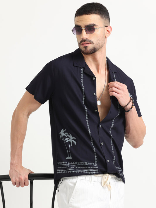 Cotton Viscose Navy Blue Printed Shirt for Men