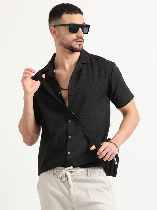 Casual Embroidered Solid Black Shirt for Men