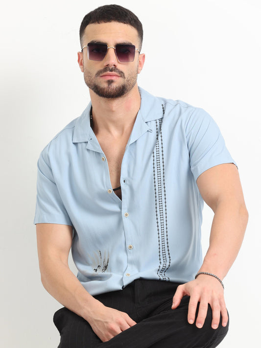 Cuban Collared Sky Blue Printed Shirt for Men