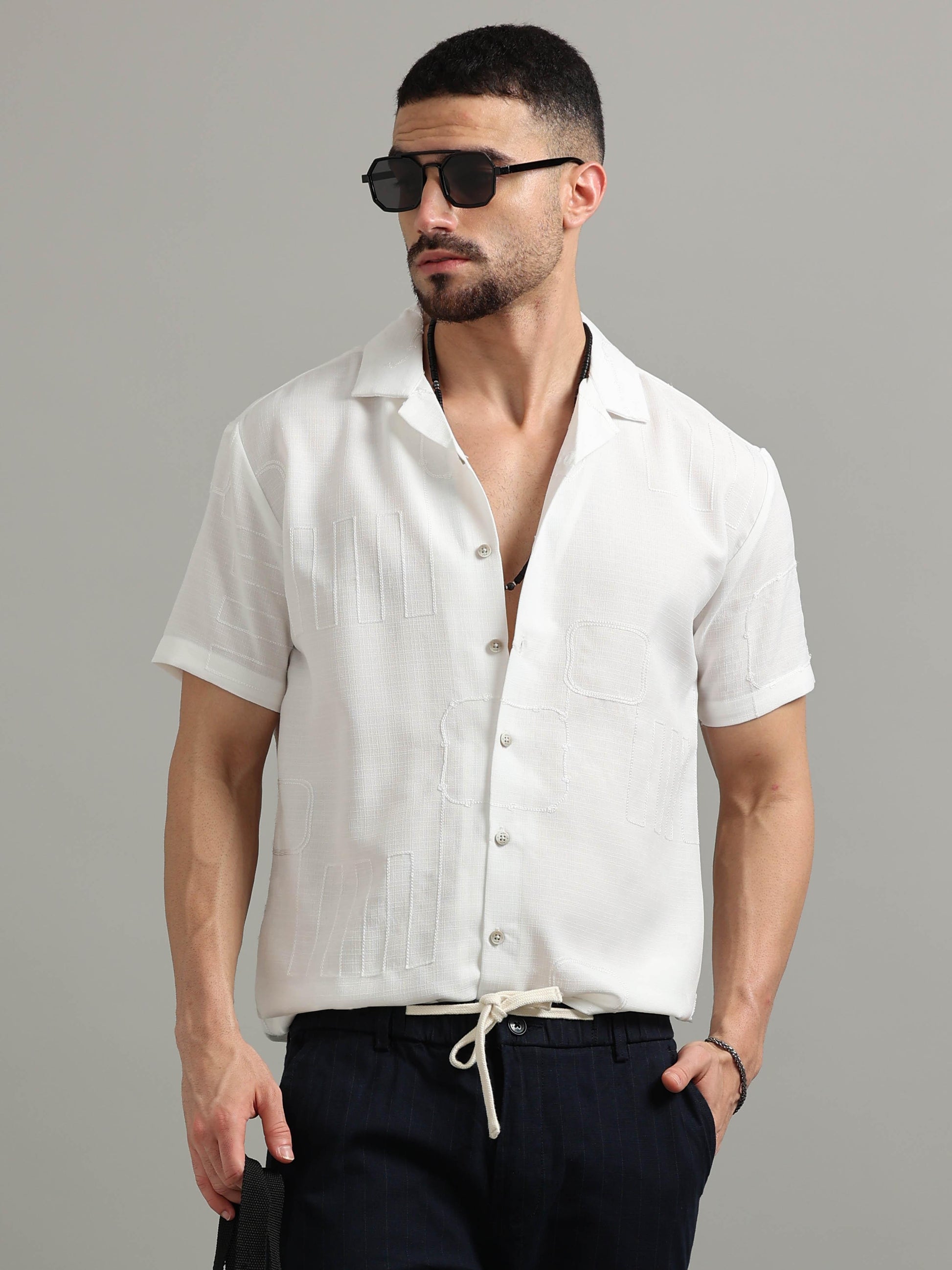 Embroidered Slub White Solid Shirt for Men