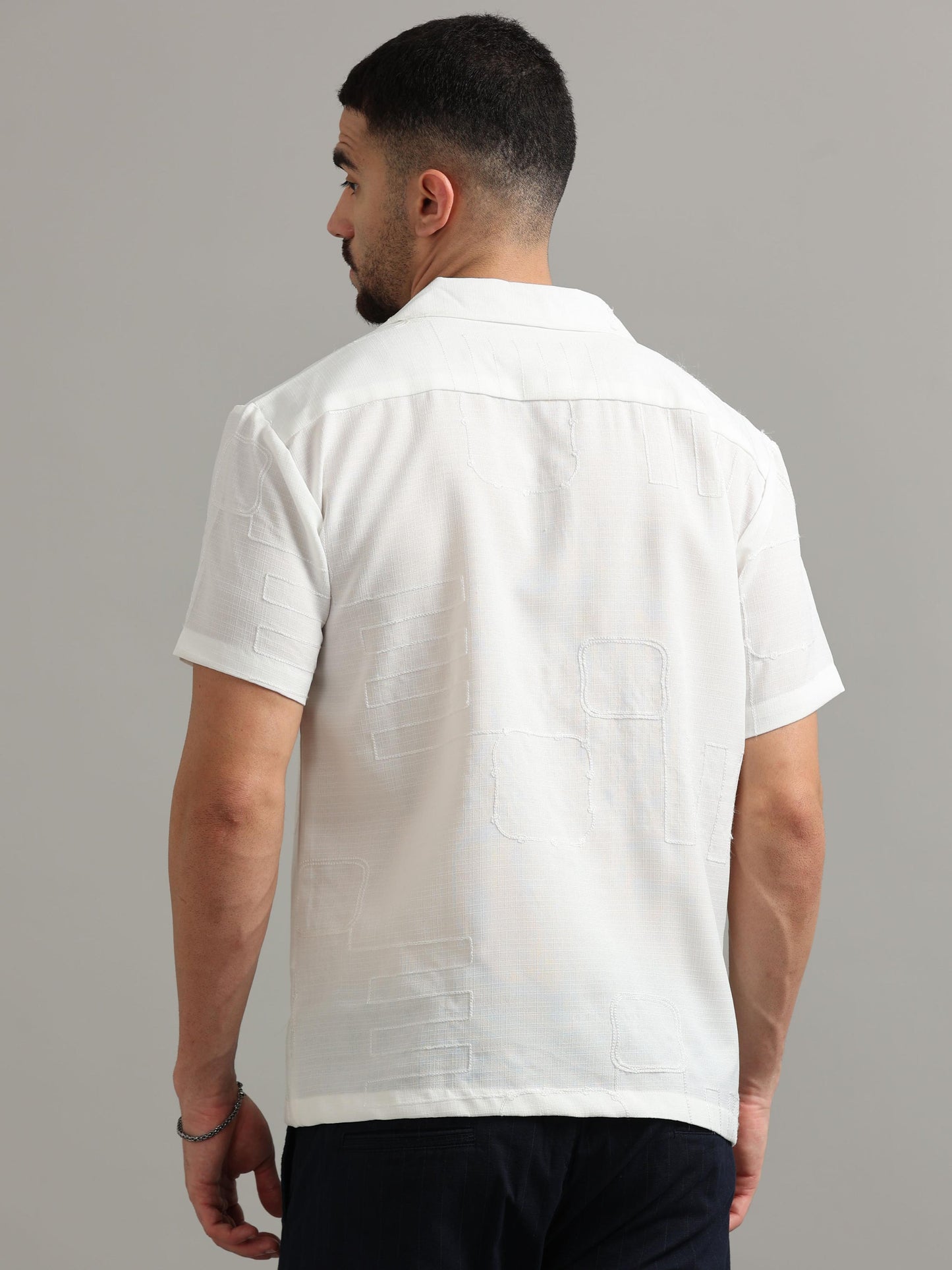 Embroidered Slub White Solid Shirt for Men