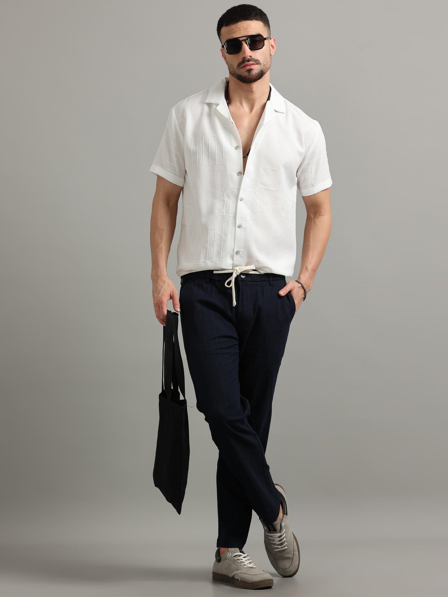 Embroidered Slub White Solid Shirt for Men