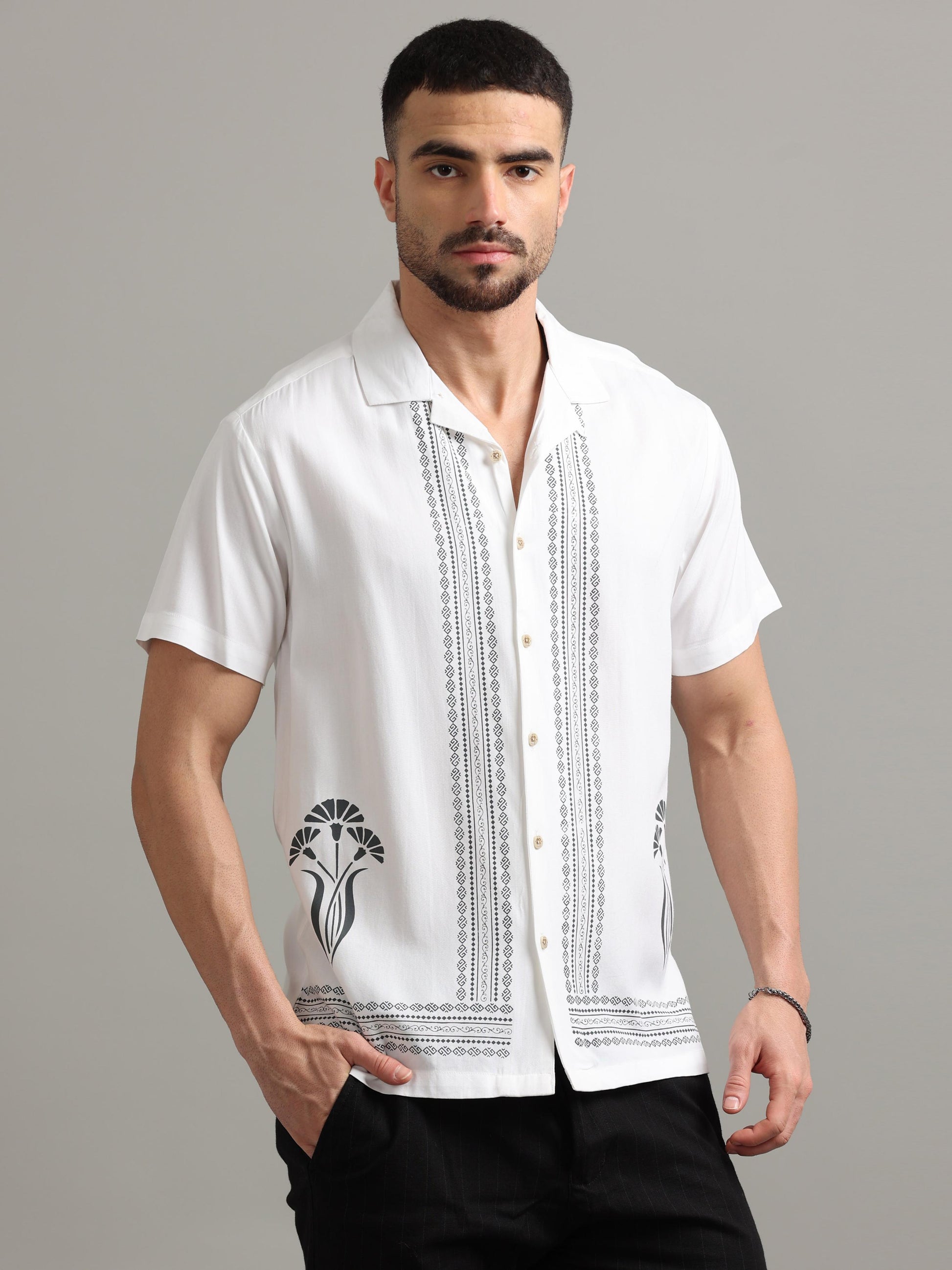 White Half Sleeve Printed Shirt for Men 