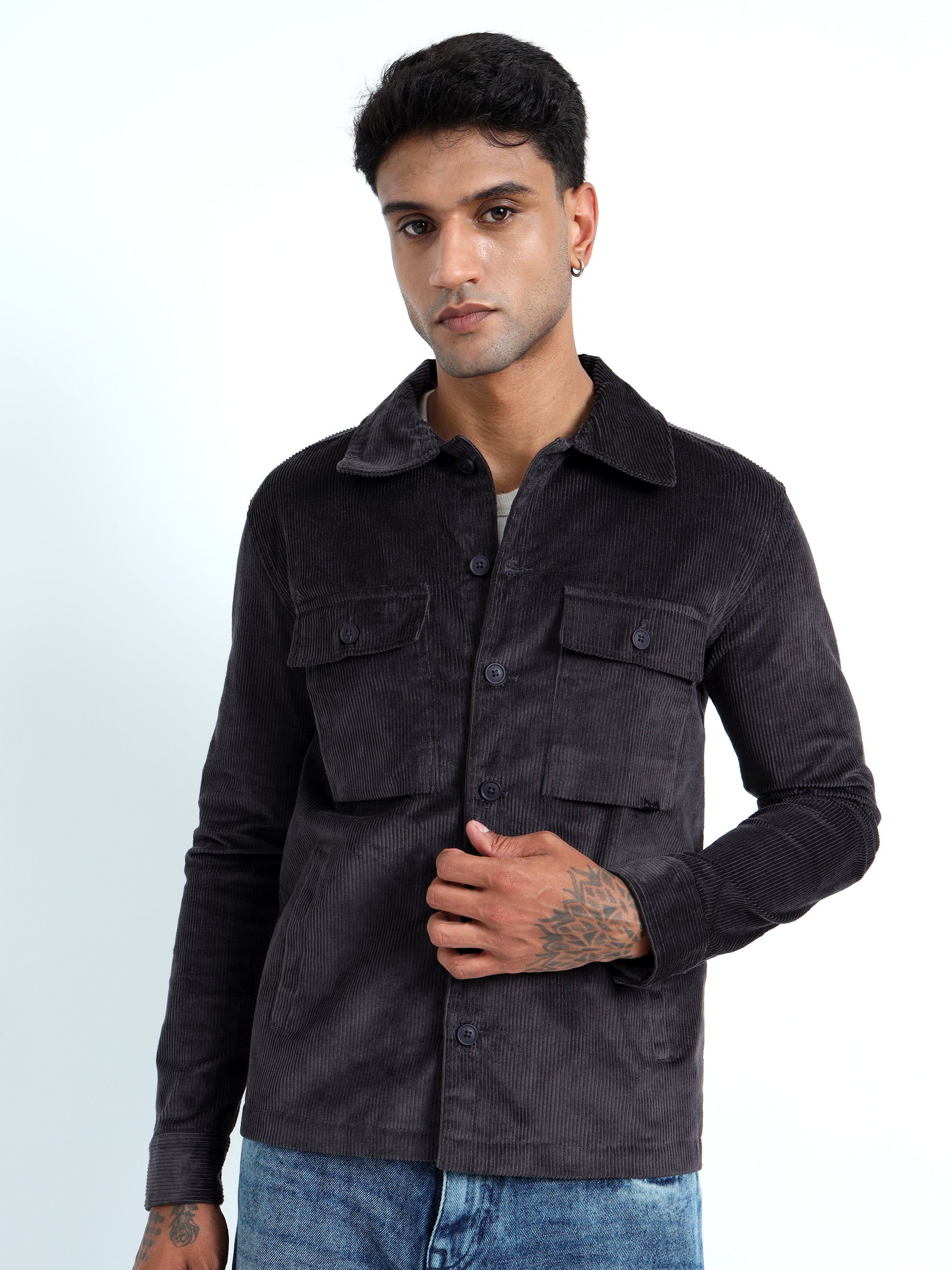 Dark Grey Tailored Fit Men's Corduroy Shirt Jacket