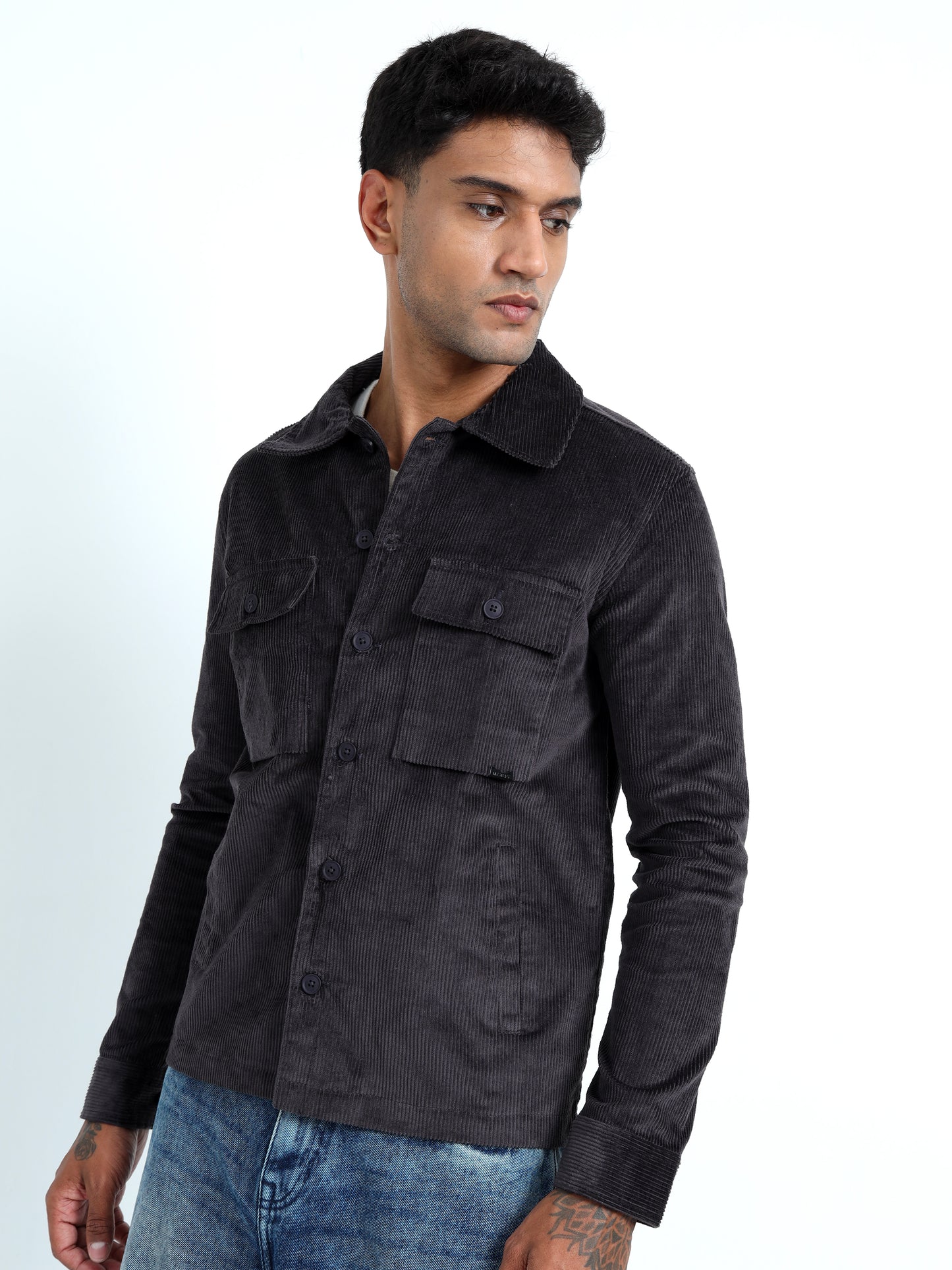 Dark Grey Tailored Fit Men's Corduroy Shirt Jacket