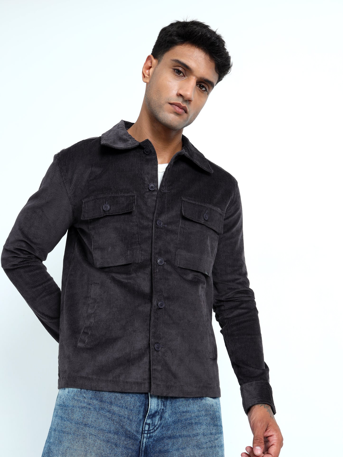 Dark Grey Tailored Fit Men's Corduroy Shirt Jacket