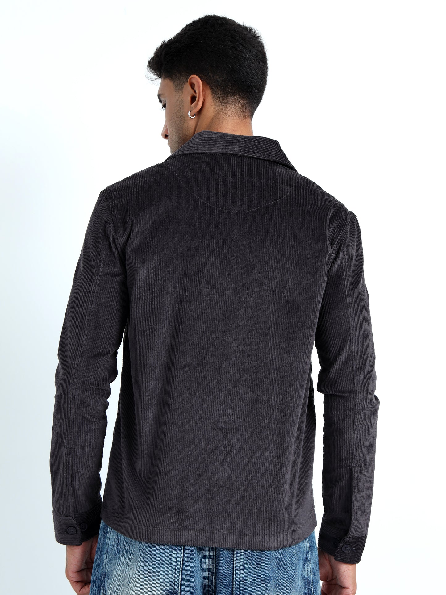 Dark Grey Tailored Fit Men's Corduroy Shirt Jacket