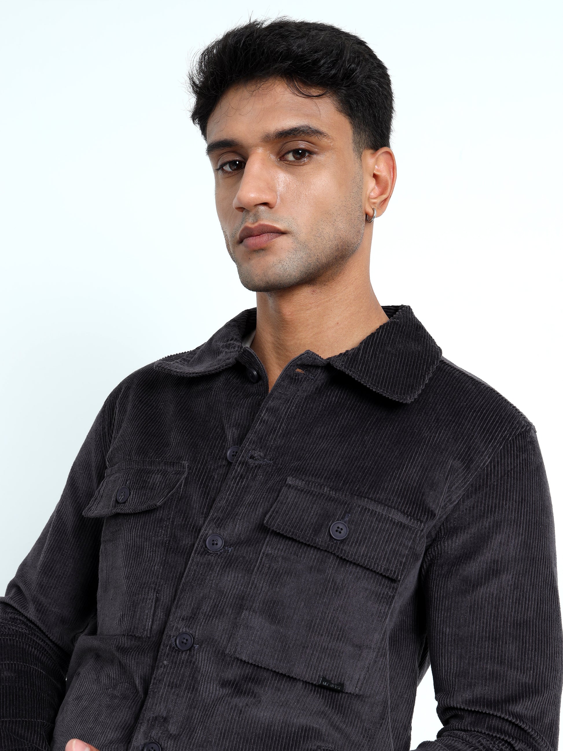 Dark Grey Tailored Fit Men's Corduroy Shirt Jacket