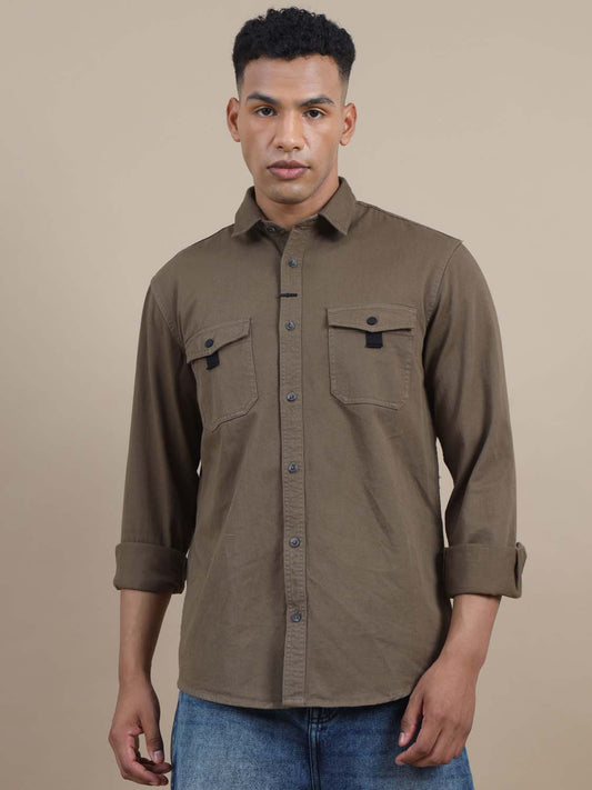 Rugged Brownish Khaki Denim Solid Shirt