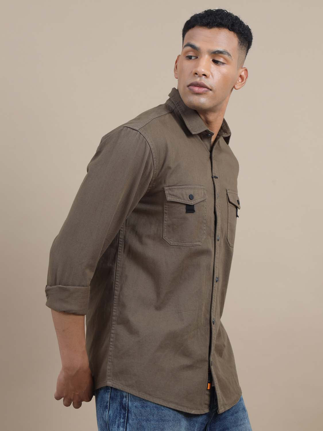 Rugged Brownish Grey Denim Solid Shirt