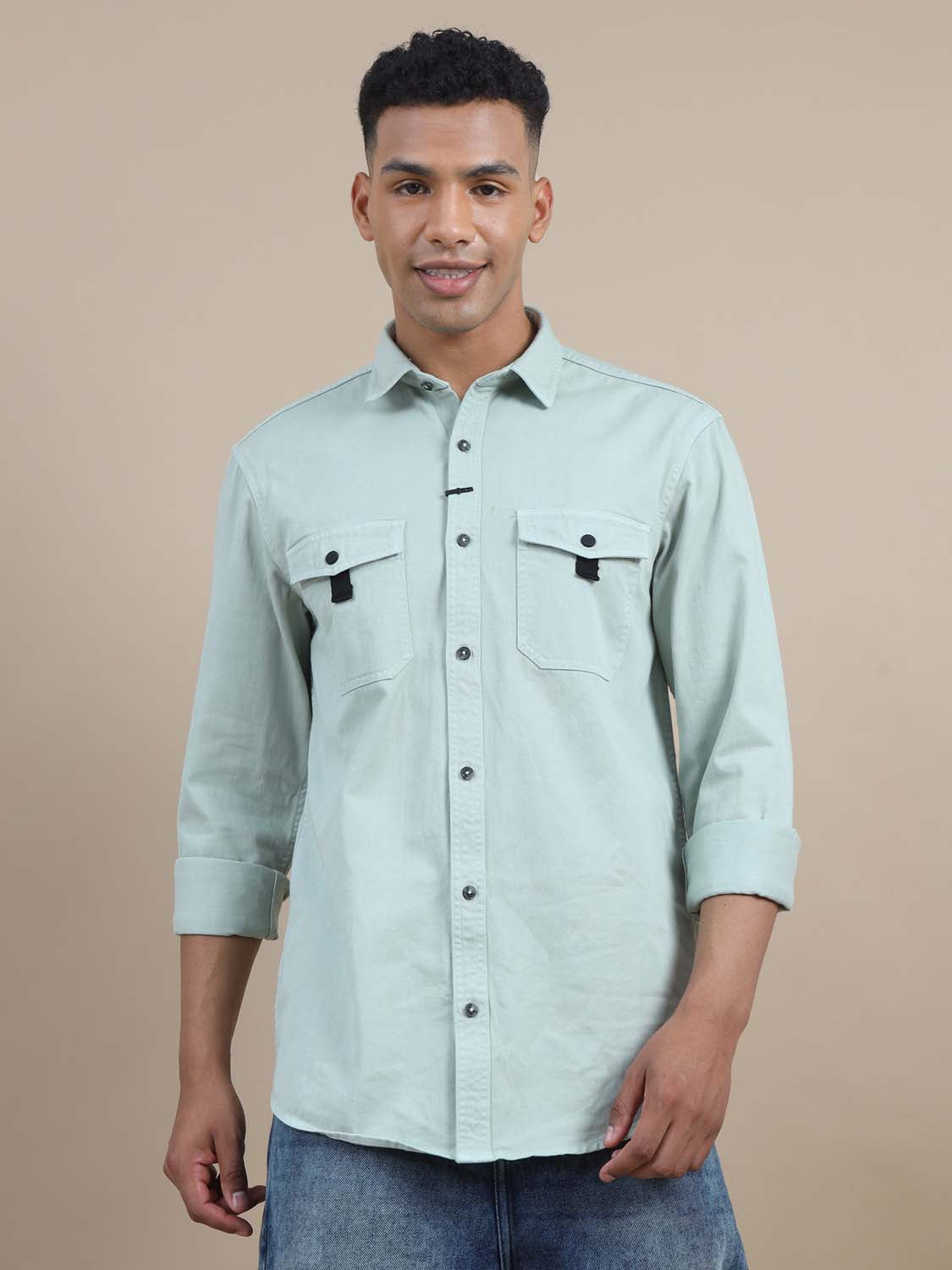 Rugged Pista Green Denim Solid Shirt