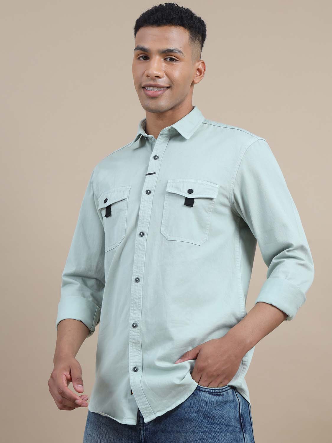 Rugged Pista Green Denim Solid Shirt