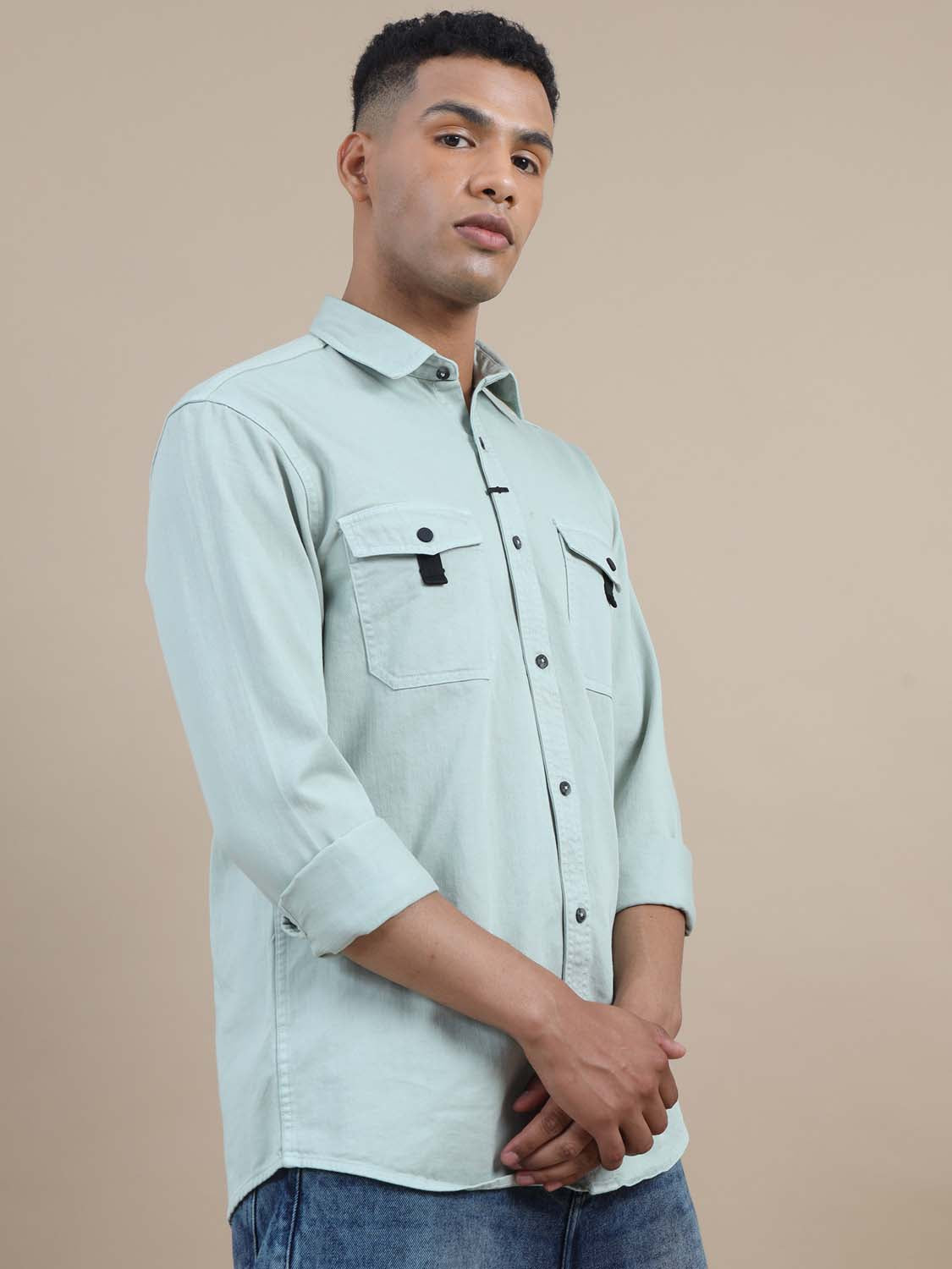 Rugged Pista Green Denim Solid Shirt