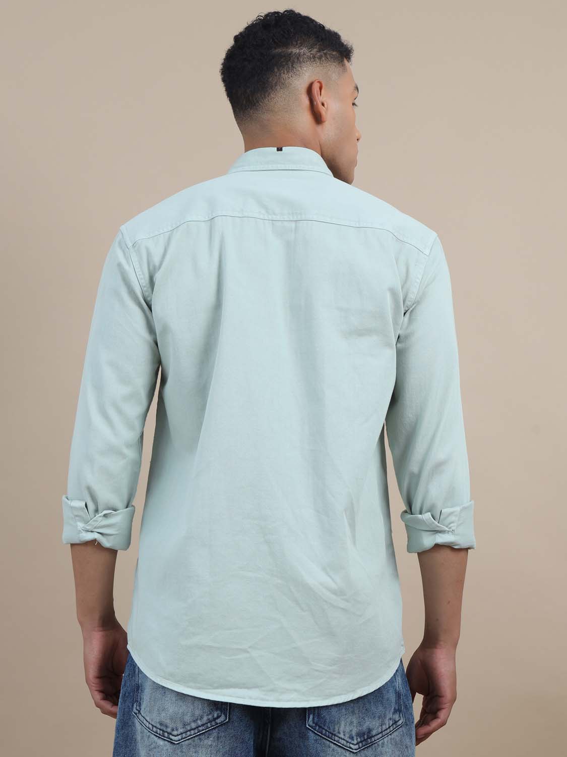 Rugged Pista Green Denim Solid Shirt