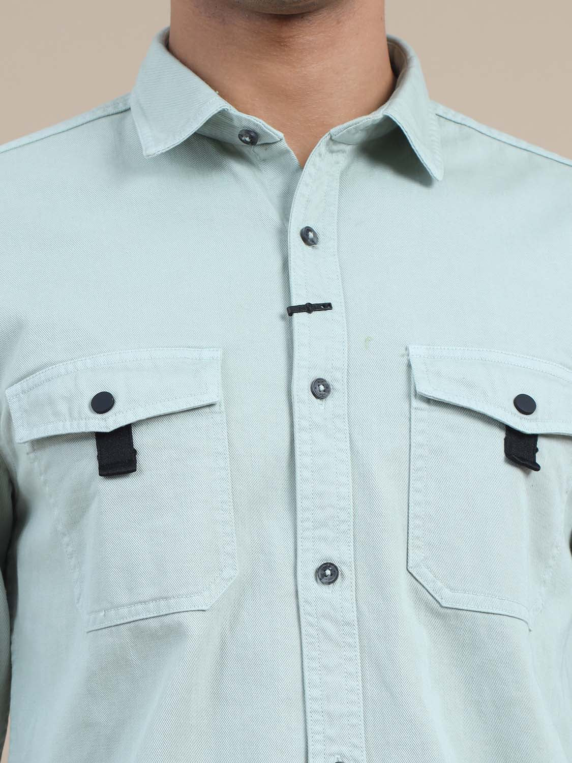 Rugged Pista Green Denim Solid Shirt