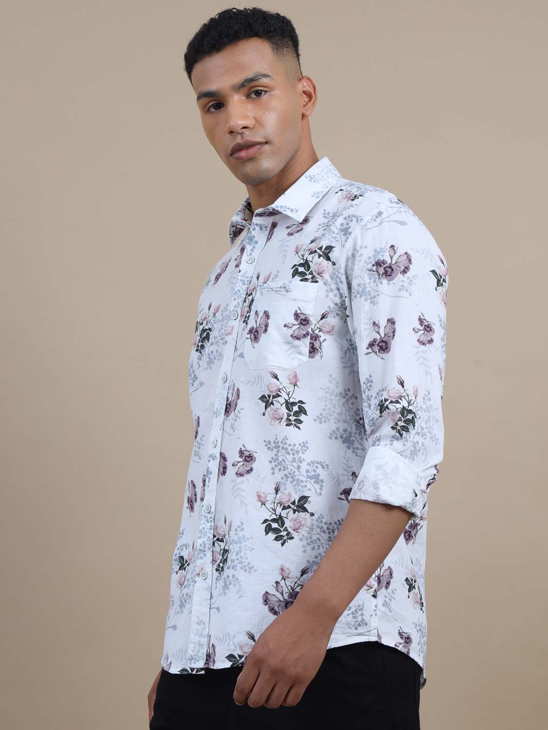 Mandarin Sun White And Pink Floral Printed Shirt