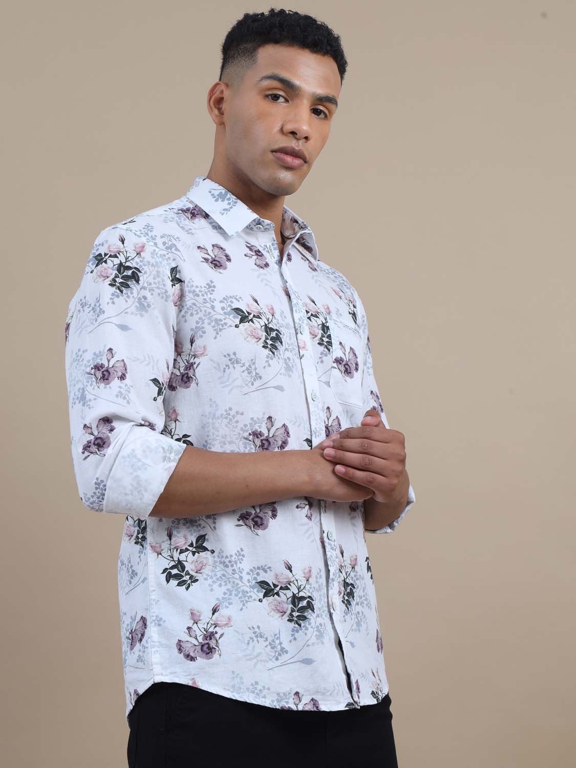 Mandarin Sun White And Pink Floral Printed Shirt