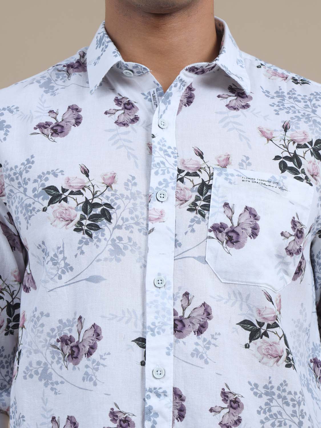 Mandarin Sun White And Pink Floral Printed Shirt